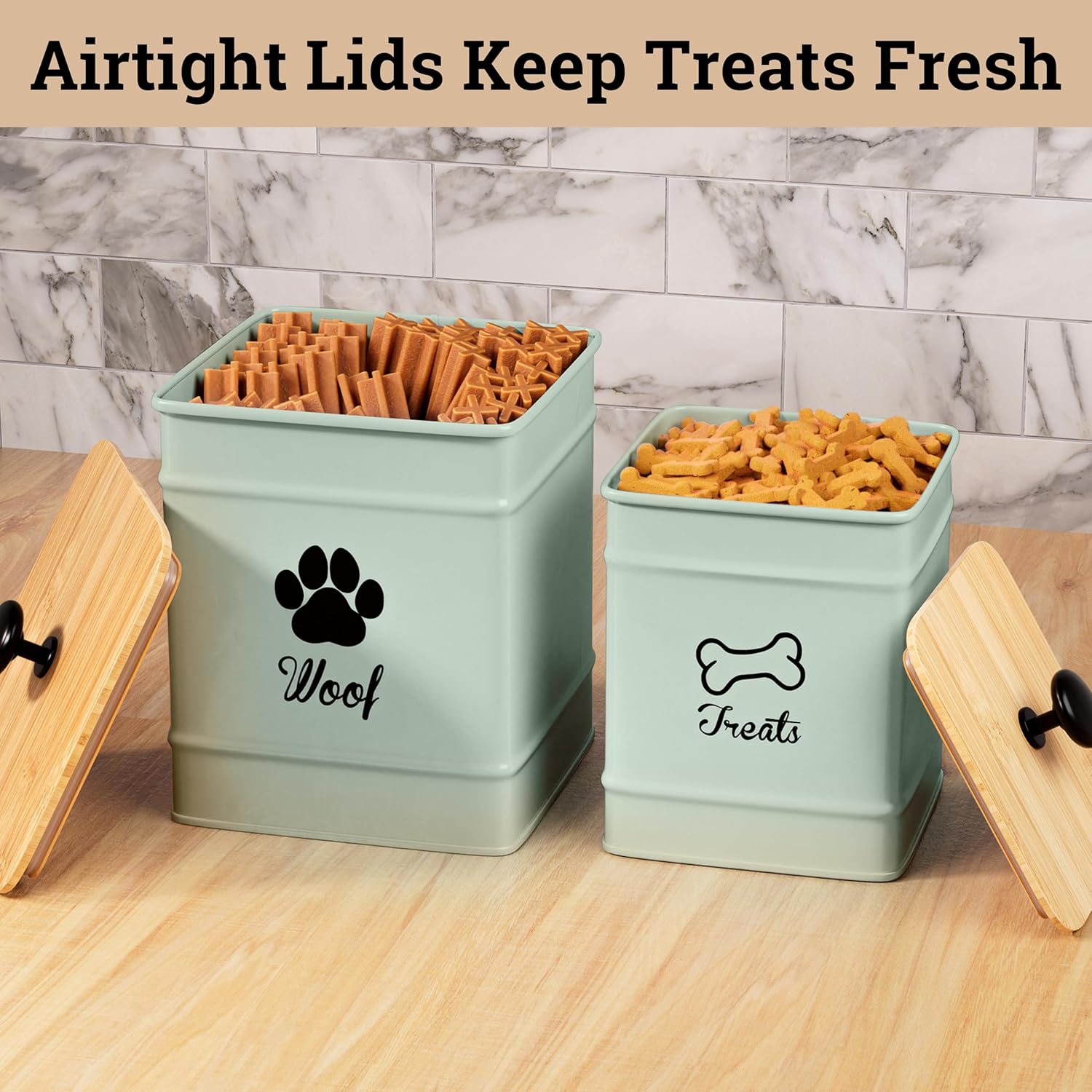 Dog Treat Container Airtight Set of 2 - 8x6 & 7x5 inch Iron Dog Treat Jars for Kitchen Counter with Airtight Bamboo Lids - 20 Cup Capacity Pet Treat Container Set - Doggie Cookie Jar - Treats Canister