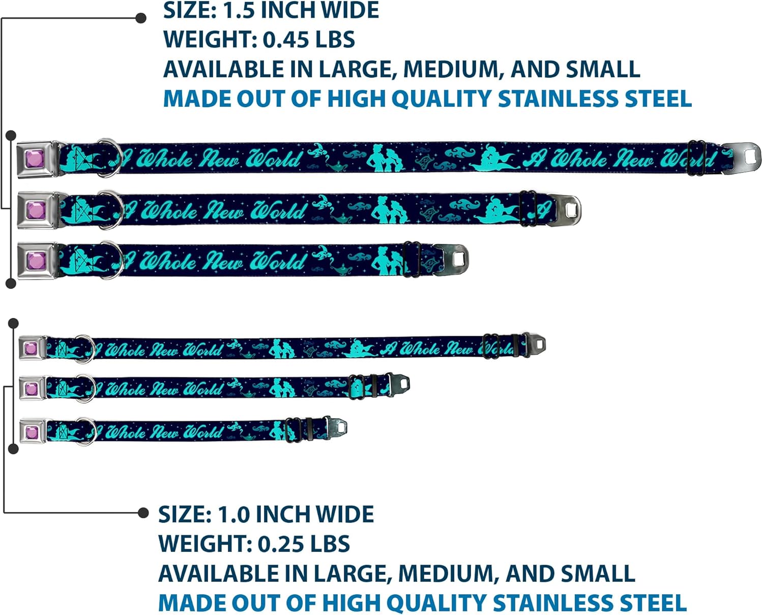 Disney Pet Collar, Dog Collar Metal Seatbelt Buckle, Aladdin Jasmine Silhouette A Whole New World, 16 to 23 Inches 1.5 Inch Wide