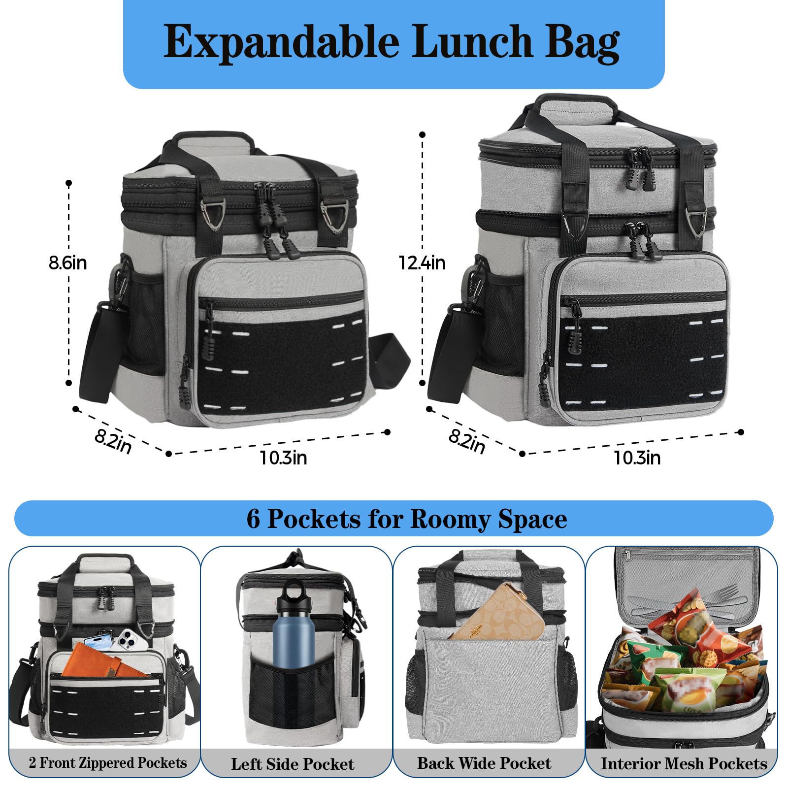 Borsa termica per il pranzo, borsa termica tattica per uomo, grande secchiello per il pranzo per adulti, lavoro all'aperto, turni viaggi, grigio, 16 l