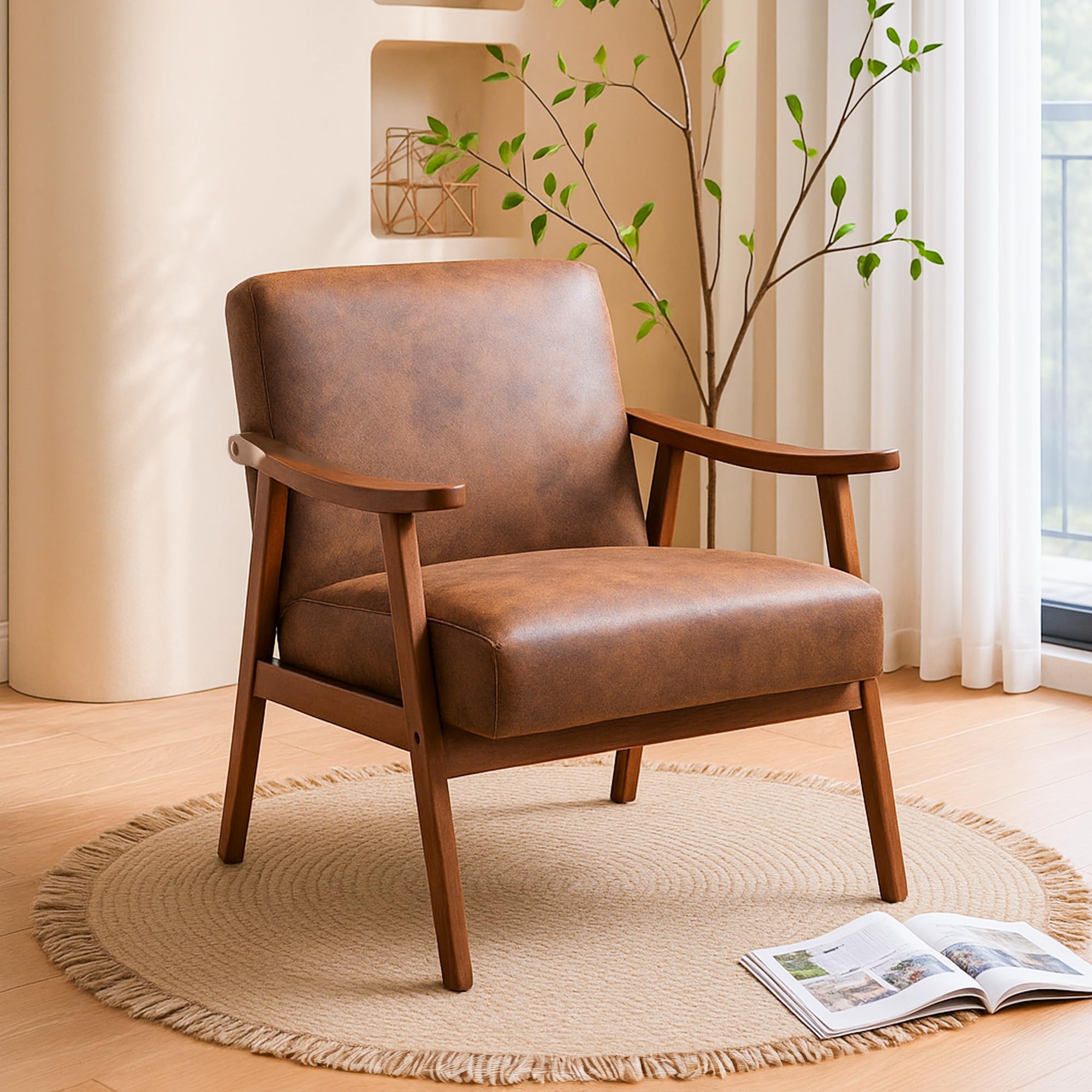 Container Furniture Direct Accent Chair with Microfiber Upholstery and Solid Wood Frame, Classic Mid-Century Modern Living Room Furniture for Extra Seating, Brown