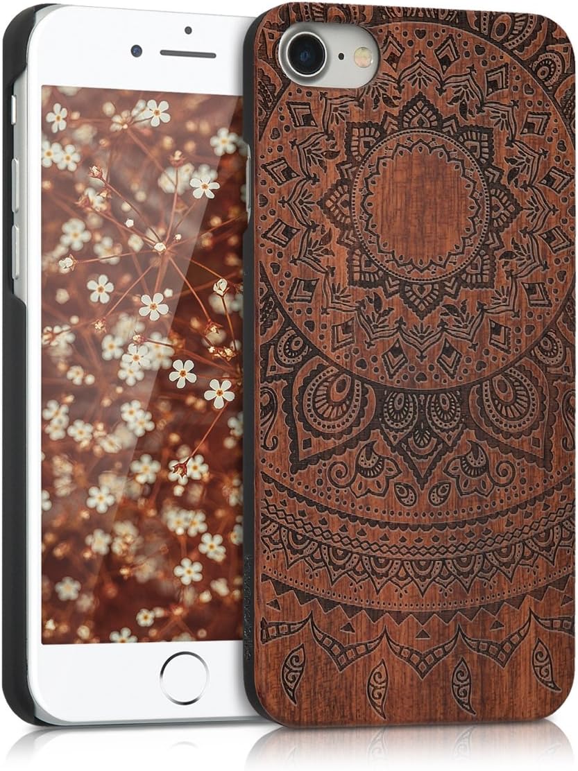 kwmobile Case Compatible with Apple iPhone SE (2022) / iPhone SE (2020) / iPhone 8 / iPhone 7 - Wood Case Hard Wooden Design Cover - Indian Sun Dark Brown