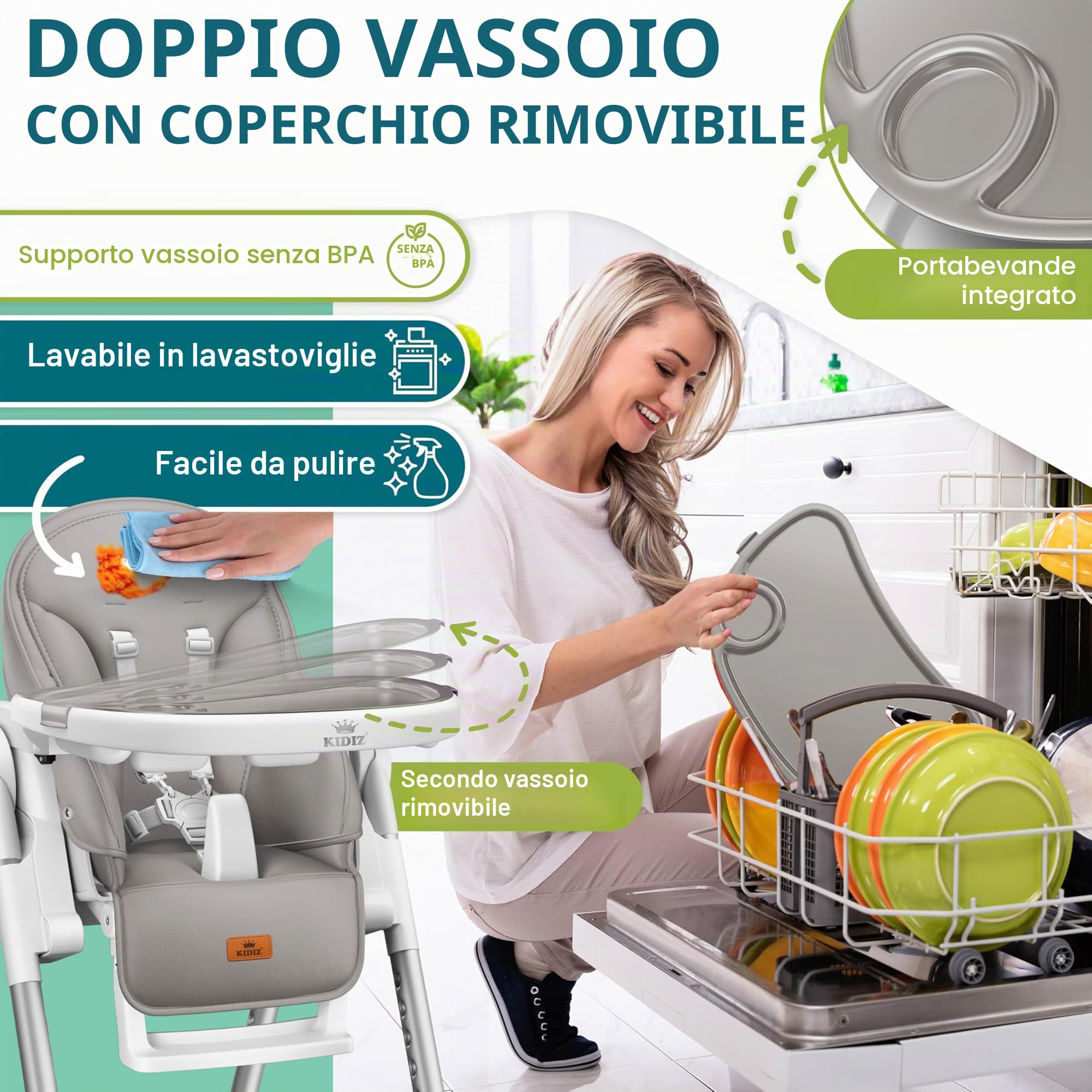 KIDIZ® 3 in 1 Seggiolone Seggiolone per bambini con barra dei giochi, Lettino per bambini, Seggiolone combinato Seggiolone per bambini, Schienale regolabile in 7 diverse altezze, grigio chiaro