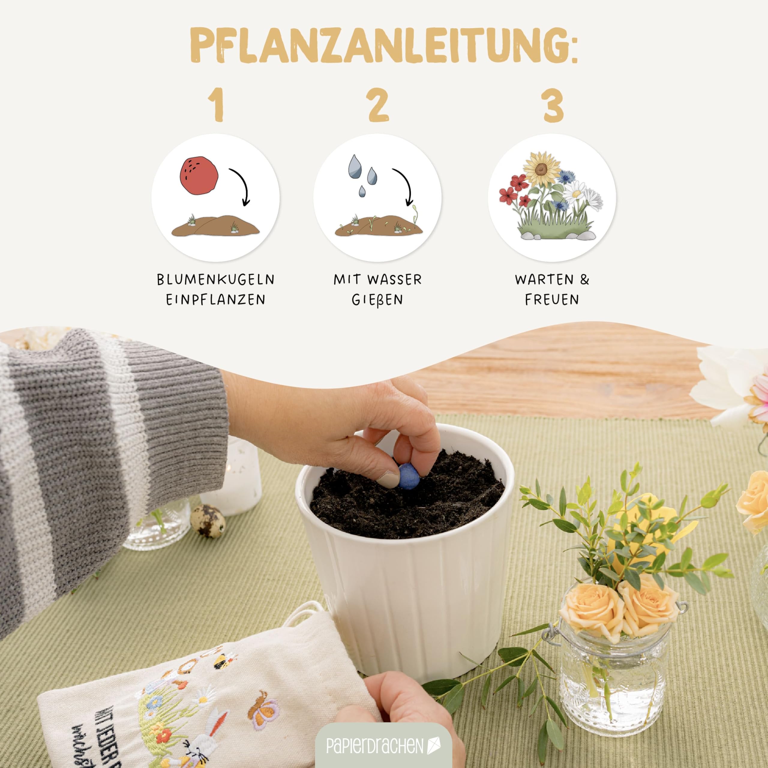 Papierdrachen 20 bolas de flores con saquito de conejo de Pascua – Semillas de flores – Pascua – Bordado colorido – Abejas – Regalo sostenible