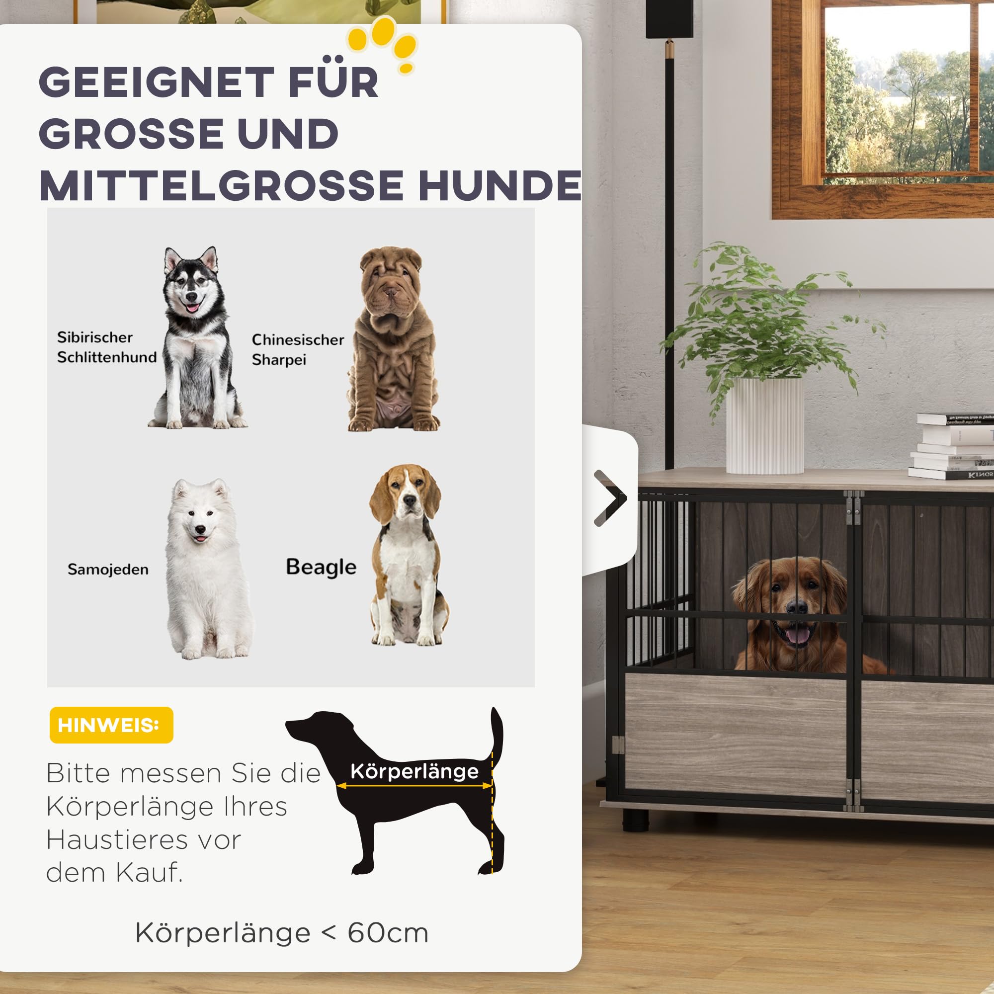 PawHut Hundekäfig für Zuhause, Hundehütte, rutschfest Haustierkäfig, Hundebox mit Türen, Hundehaus für bis große Hunde, Walnuss, 100 x 60 x 68 cm