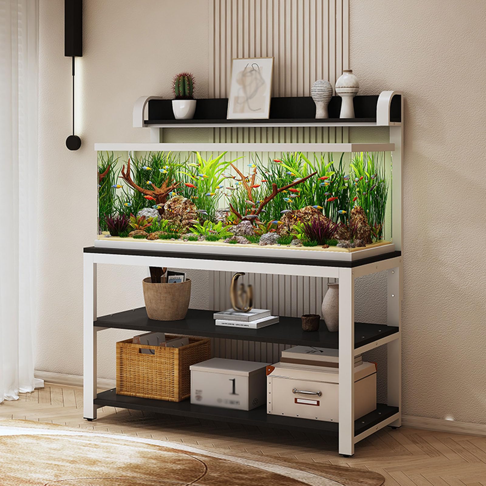 Meuble pour aquarium à 3 niveaux et support métal réglable noir et blanc 90x40x144cm