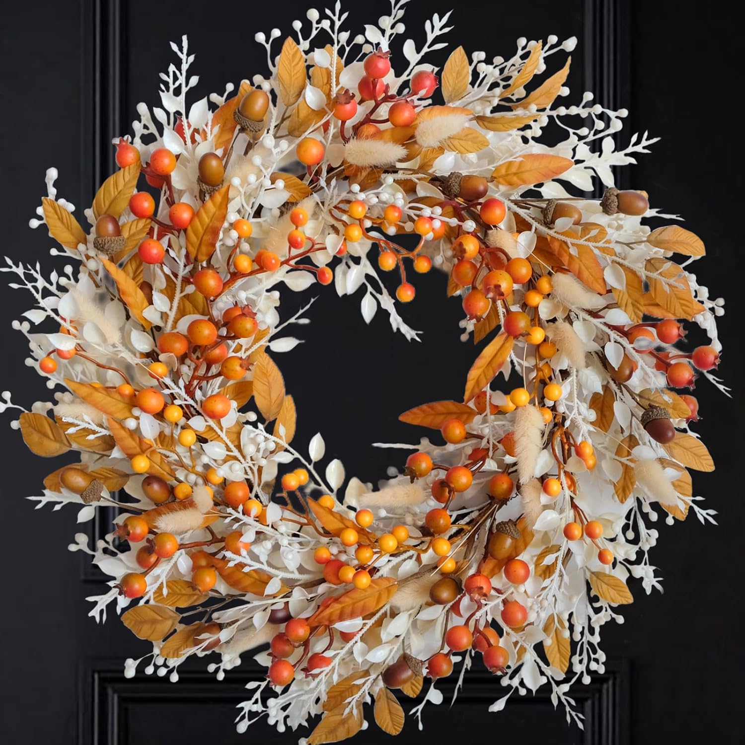idyllic 20 Inch Fall Wreaths for Front Door Artificial Fall Leaves Wreath with Berries Large Autumn Farmhouse Wreath for Inside Outside Wall Porch Harvest Thanksgiving Day Decor