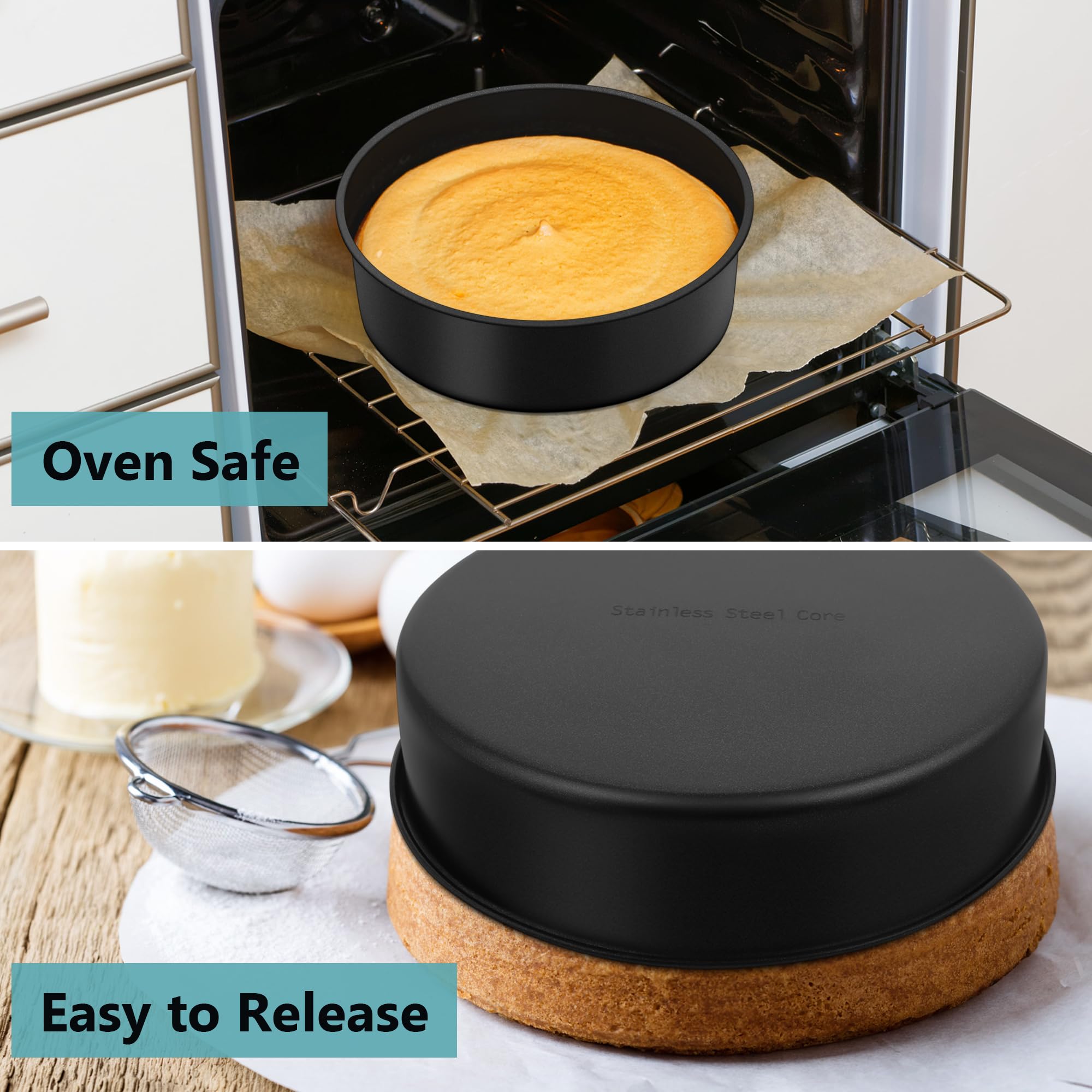 Herogo Set di 2 teglie rotonde antiaderenti in acciaio inossidabile, 5 cm, per brownie, lasagne, torte, sane e atossiche, durevoli e facili da pulire (21 cm, nero
