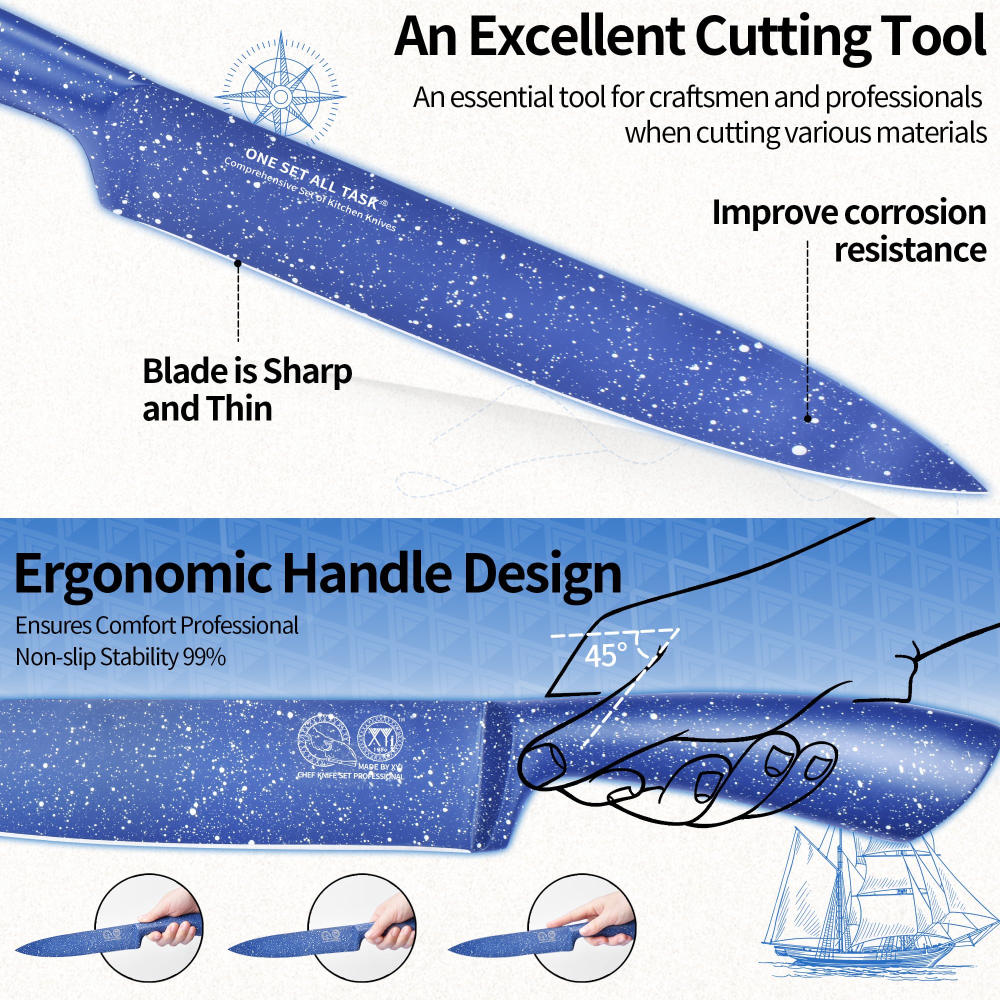 XYJ Authentic Since 1986 - Set di coltelli da cucina, in acciaio inox con portacoltelli, set professionale di coltelli da cucina giapponesi, per frutta, pane, coltello da bistecca, coltello da cuoco