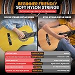 PYLE 36" Classical Acoustic Guitar Kit- 3/4 Size Yellow Gloss, 6 Nylon Strings, w/Bag, Tuner, Extra Strings, Picks, Strap- Kids, Adults-Right Handed