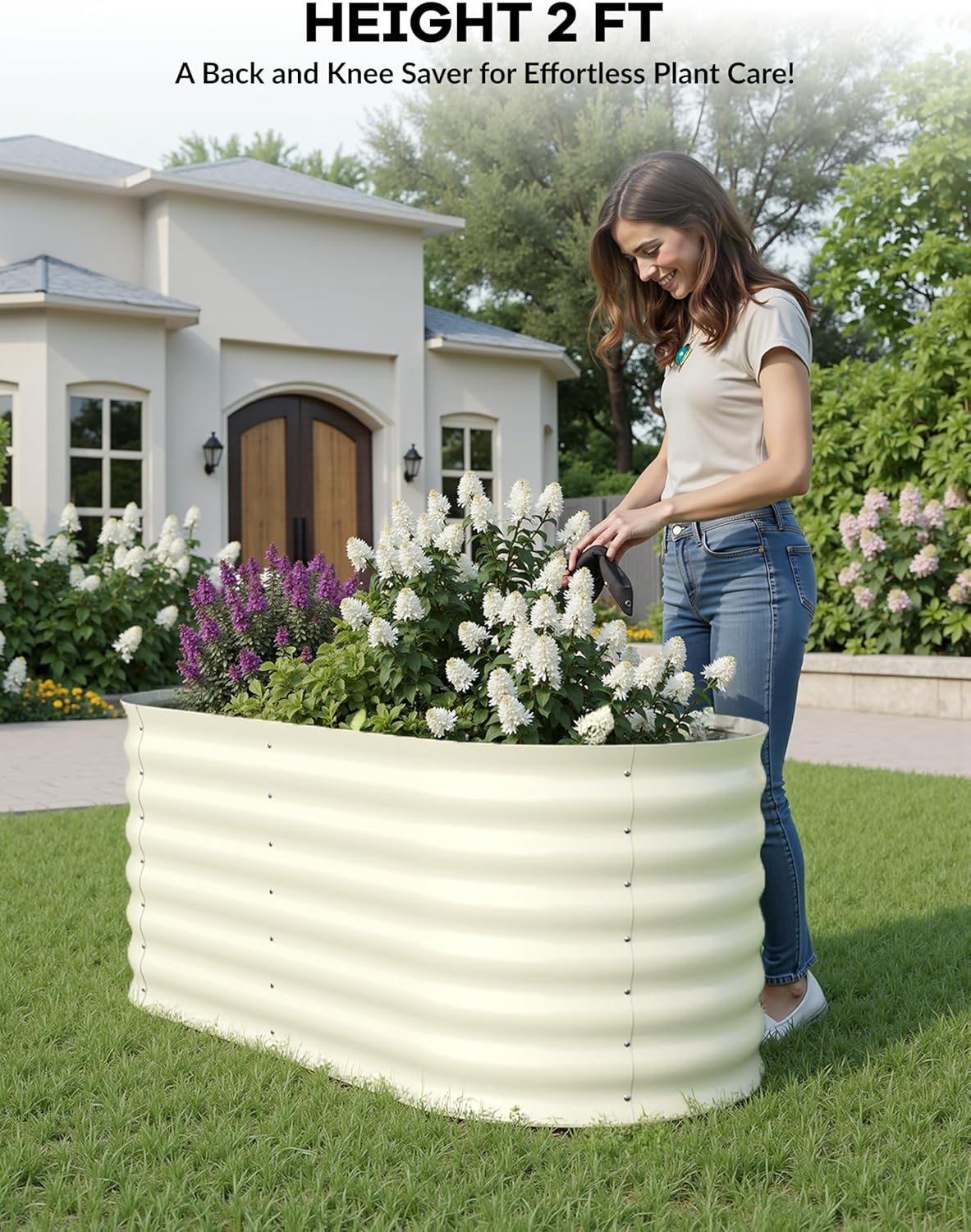 GarveeLife Galvanized Raised Garden Bed Outdoor, 4x2x2 ft Oval Metal Planter Box for Flowers, Vegetables, Herbs- Beige