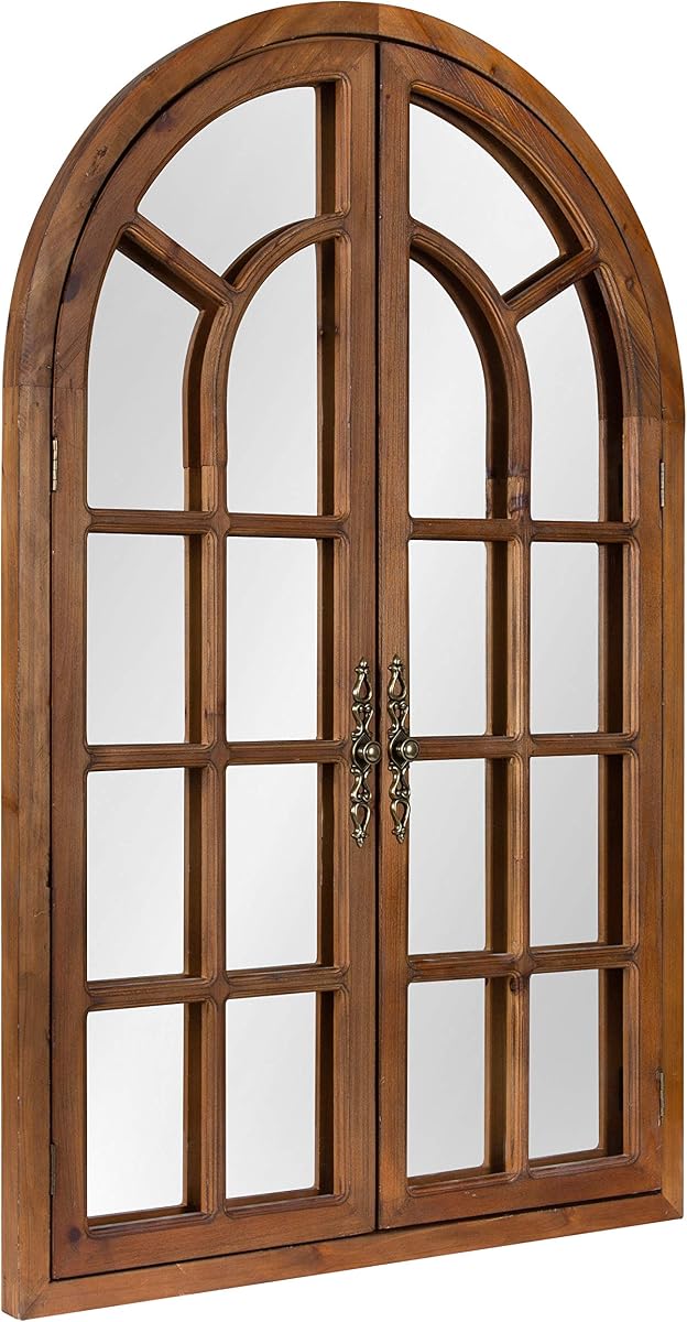 Kate and Laurel Boldmere Rustic Windowpane Arch Mirror, 28 x 44, Rustic Brown, Farmhouse Window Mirror for Wall