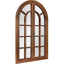 Kate and Laurel Boldmere Rustic Windowpane Arch Mirror, 28 x 44, Rustic Brown, Farmhouse Window Mirror for Wall