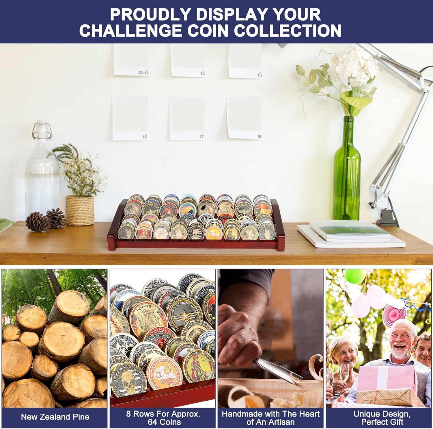 DecoWoodo 7 Rows Challenge Coin Display Case & 8 Rows Challenge Coin Display Stand : Toys & Games
