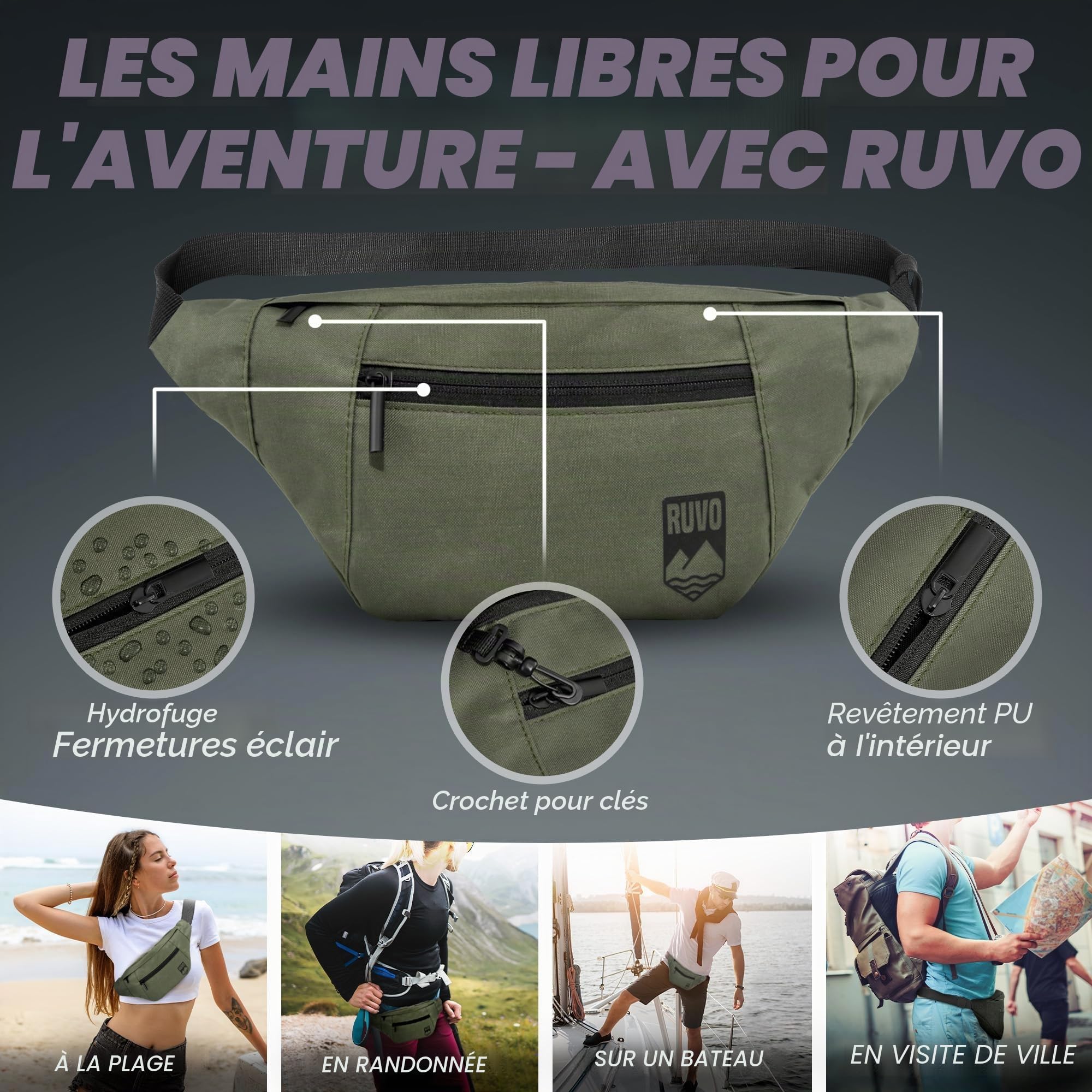 RUVO® sac banane élégant - 4 compartiments, fermeture éclair - rangement maximal pour toutes les activités, Olive, taille unique
