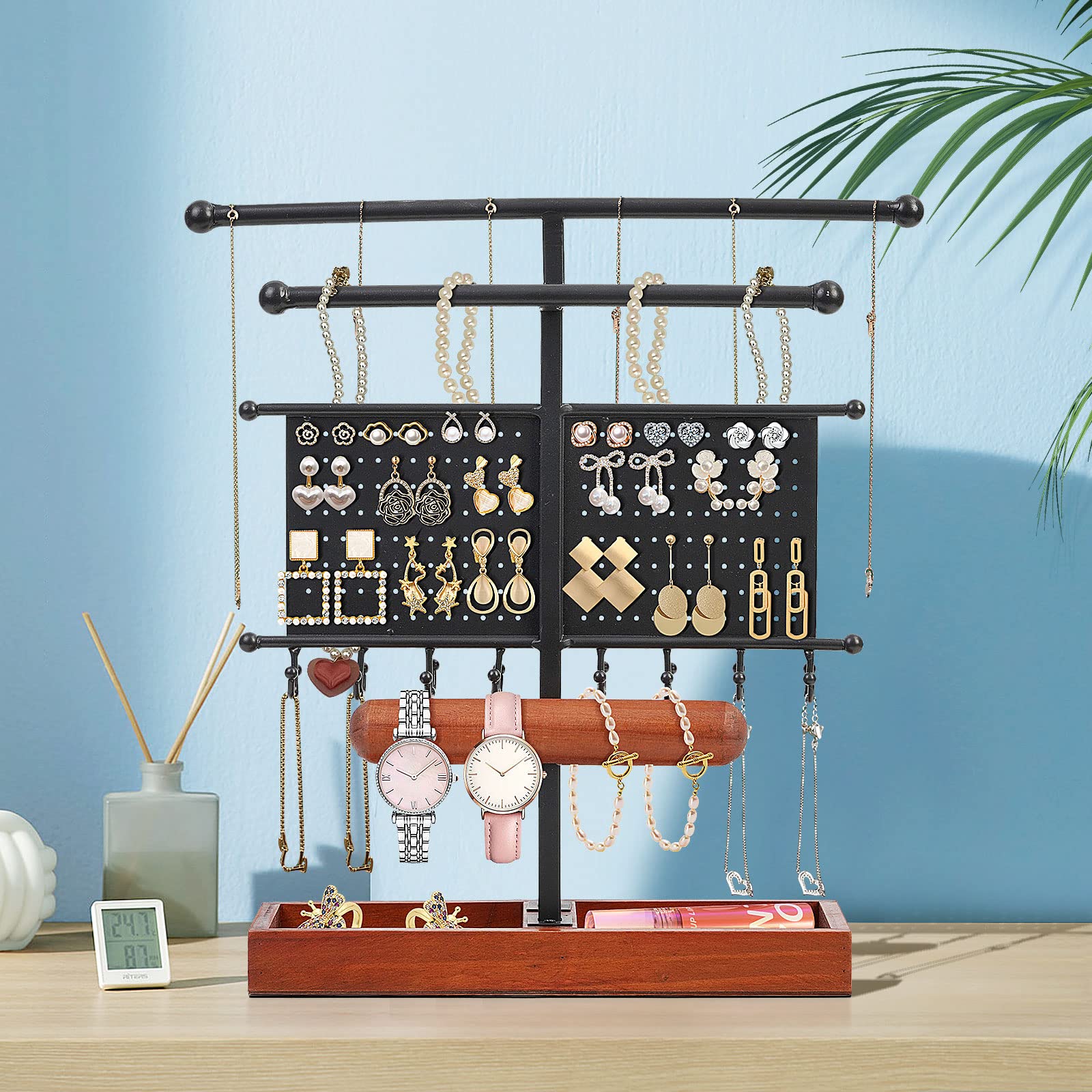 Présentoir à Bijoux à 5 Niveaux En Métal Et Bois - Support Pour Colliers, Boucles D'oreilles, Montres, Bagues (Noir) - 8