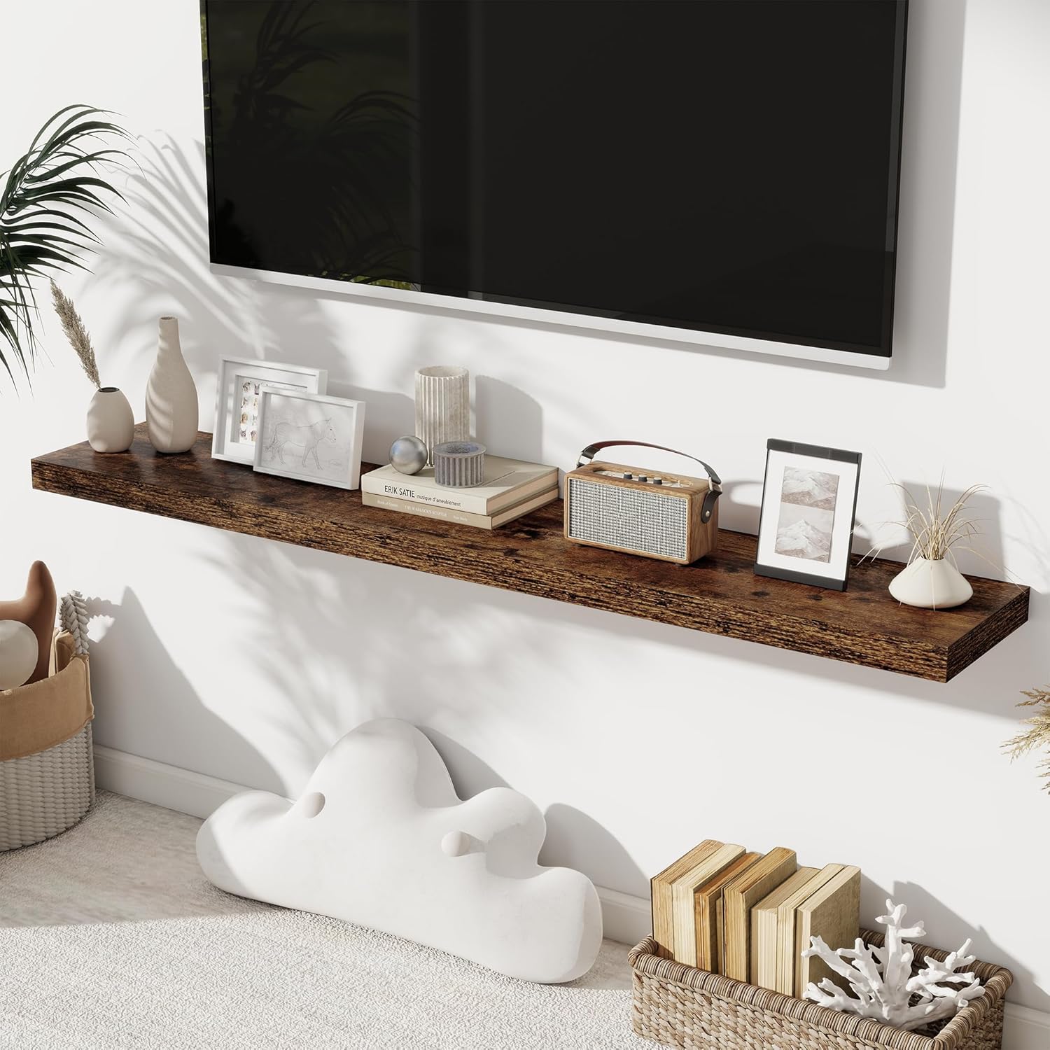 Fun Memories 55 Inch Long Floating Shelves for Wall, 8" Deep Floating Shelves for Bathroom Living Room Bedroom, Rustic Wall Mounted Shelf with Invisible Heavy-Duty Bracket, Set of 2, Rustic Brown