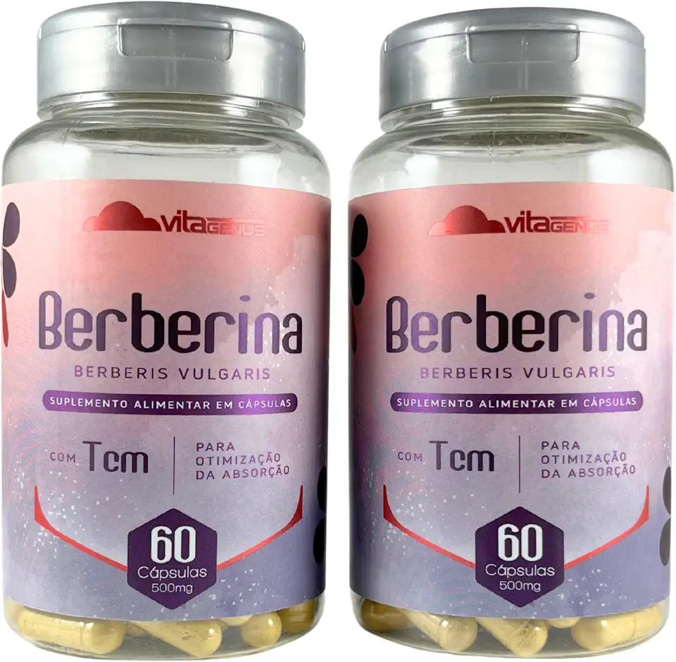 Kit 2 Berberina com TCM 500mg 60 cápsulas Extrato Padronizado Berberis Vulgaris Sem Lactose Sem Glúten VitaGenus