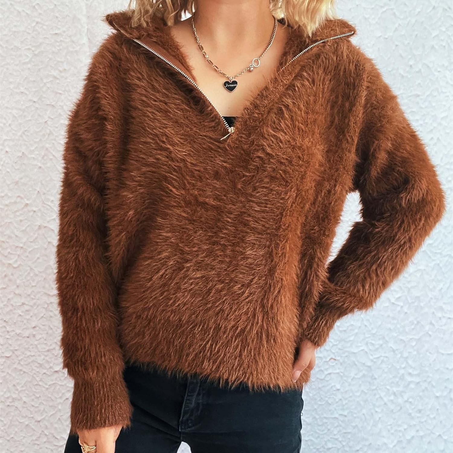Fuzzy Sweatshirt for Women Zipper V Neck Pullover Sherpa Fuzzy Fleece Cozy Pullover Soft Tops 2026 Fall Trendy Clothes