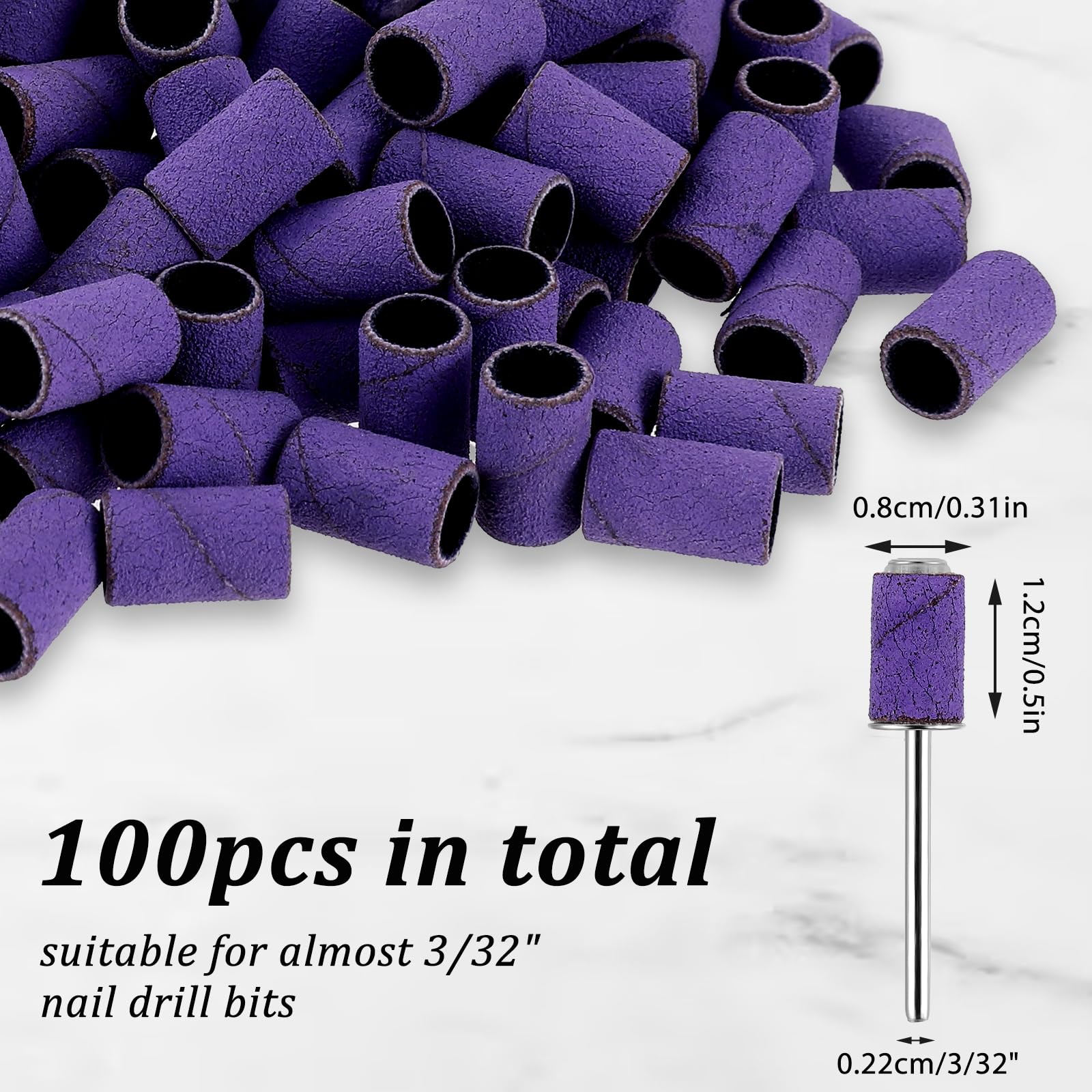 Prasacco 100 almohadillas de lijado para uñas, 240 GRIT, manguitos de lijado, fresadora de uñas, color lila, pequeñas bandas de lijado para uñas de 6,5 mm, para uñas de gel, diseño de uñas, arte de