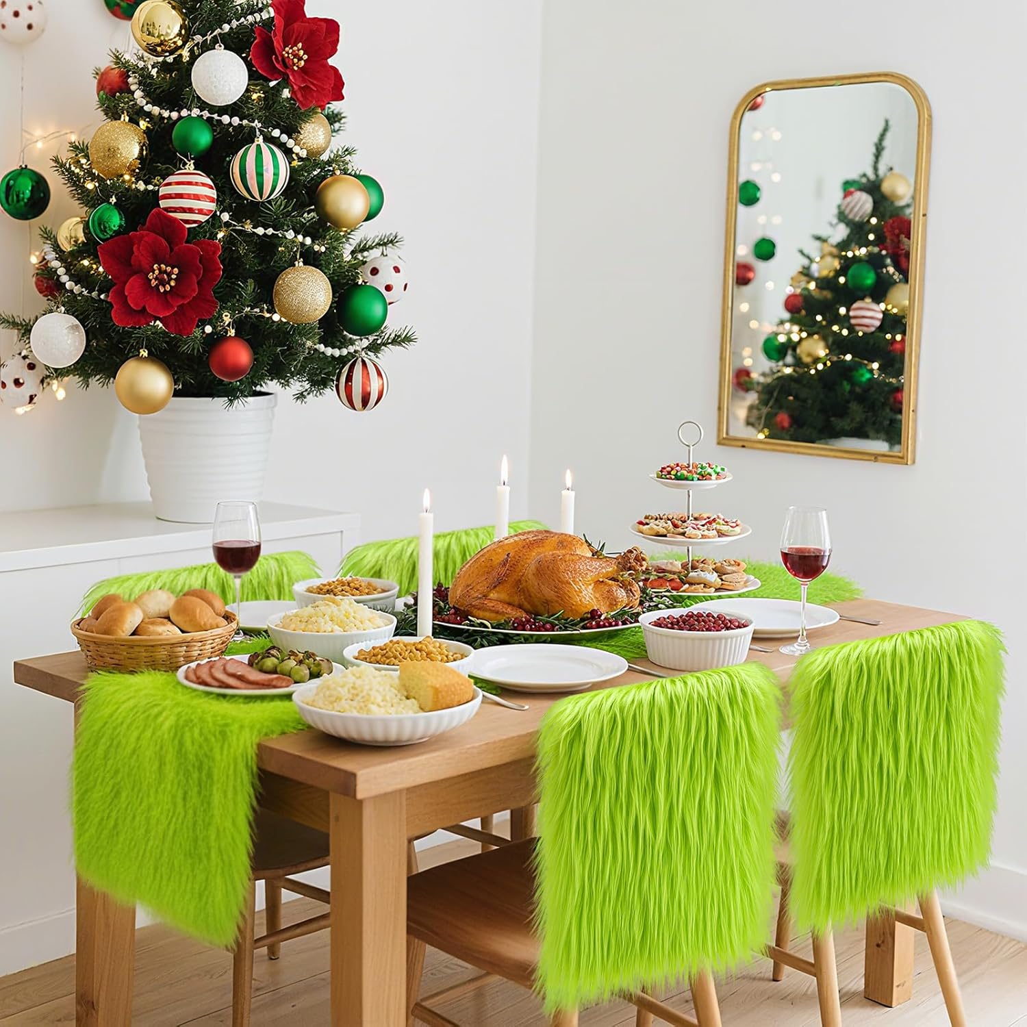 4 Pack Christmas Chair Covers Plush Green Christmas Chair Back Covers Xmas Chair Protector for Home Kitchen Dining Room Christmas Party Decor