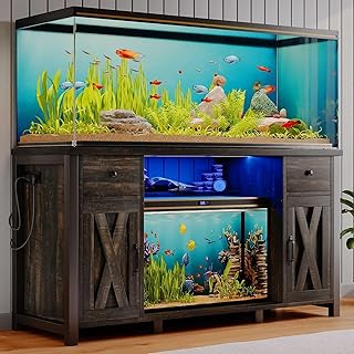 75 Gallon Fish Tank Stand with LED Light & Power Outlets, 55-75 Gallon Heavy Duty Metal Aquarium Stand with Drawers & Barn Doors, Cabinet for 2 Fish Tank Accessories Storage, Dark Oak