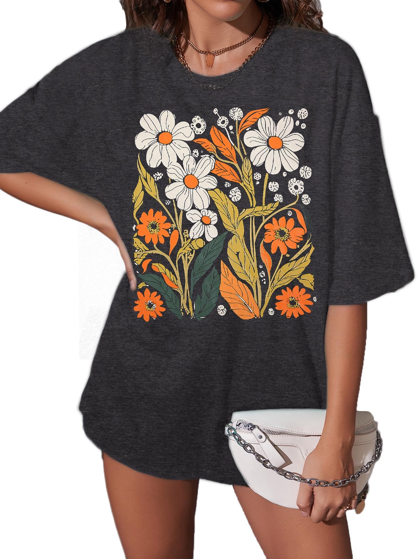 MYHALFWomens Oversized Graphic Tshirt: Vintage Wildflower Shirt Boho Hiking T Shirt Nature Life Tee Summer Plant Tops