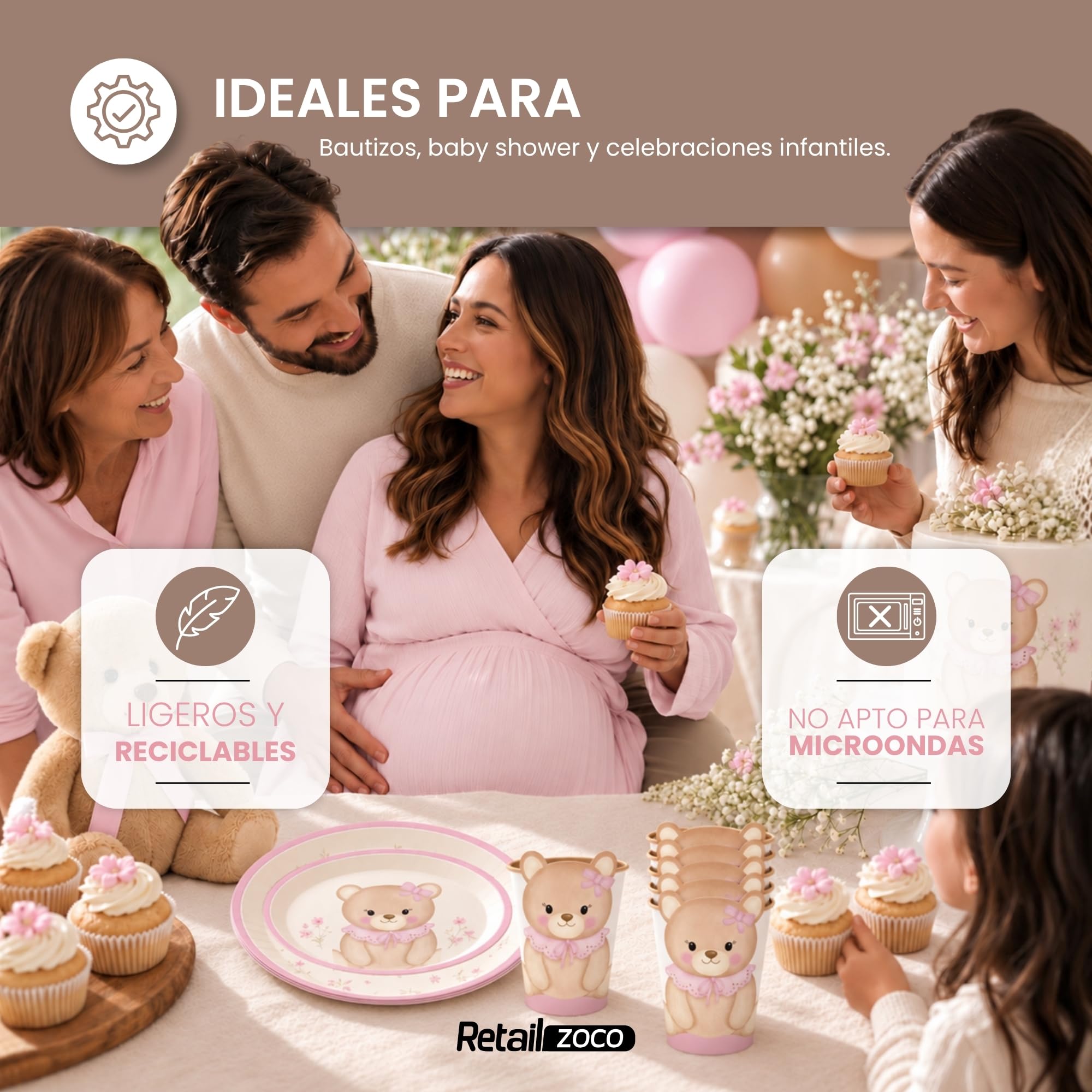 Vasos Cumpleaño, Vasos Desechables cartón, Diseño Osito Rosa, 6 Unidades - imagen 5