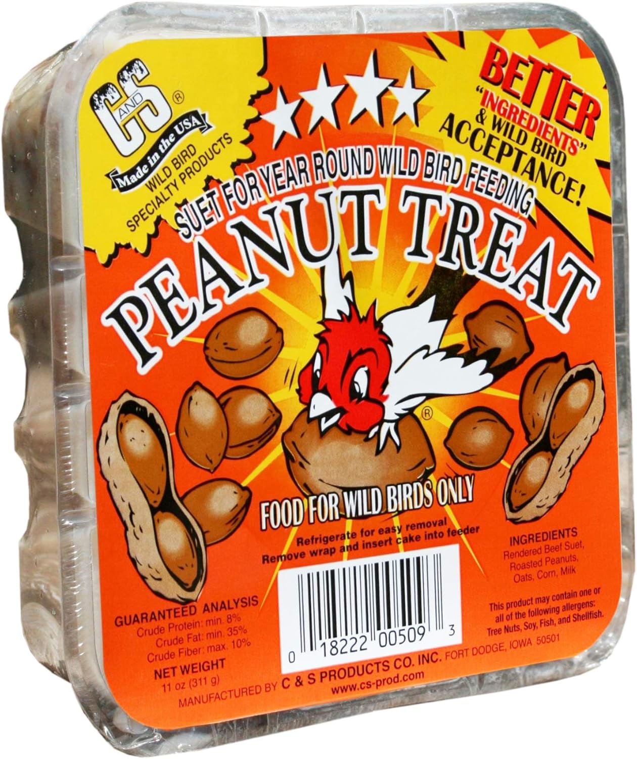 Bulk Buy of 24 C&S Peanut Treat Suet Cakes, 11 oz Each | High-Energy Wild Bird Food with Roasted Peanuts | Individually Wrapped Suet for Nut-Eating Birds | Protein & Fat-Rich Backyard Bird Feeding