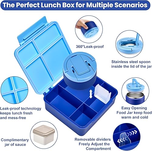 Miniatura 6 de Lonchera Bento con Termo de Sopa de 8 onzas, Contenedores de Comida con 4 Compartimentos a Prueba de Fugas para Niños con Taza de Salsa y Paquete de