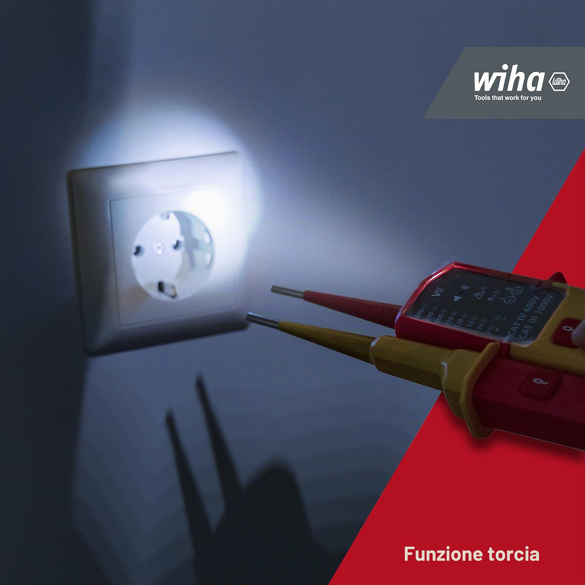 Wiha Tester di tensione e continuità 1500 V, CAT IV con 2 batterie AAA, indicatore LED, test con una sola mano (45216), rosso/giallo | (45216) CAT IV incl. 2 batterie AAA I display LED I tester di tensione bipolare I strumento di misura elettrotecnico