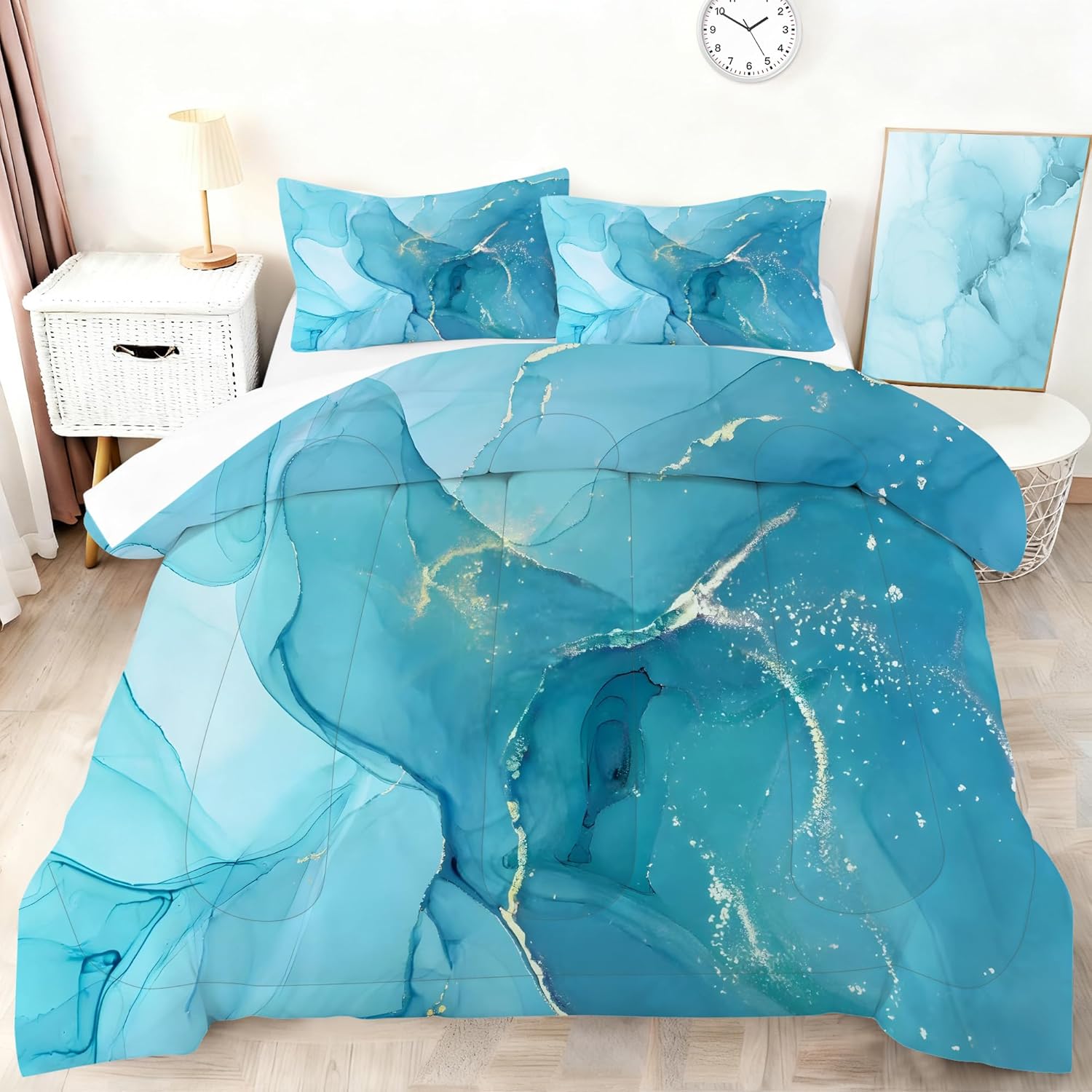 Modern Marbling Twin Comforter Set for Girls Marble Bedding Set Watercolor Pastel Blue Gold Comforter Set Marble Abstract Kids Bedding Set 2 Piece Bright Girly Comforter for All Age