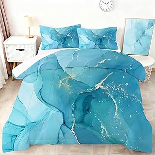 Blue Marble Comforter Set Kids Boys Girls Comforter Set Full Blue and Gold Marble Bedding Set for Men Women Bedroom Decor Abstract Bed Set with 1 Comforter & 2 Pillow Cases