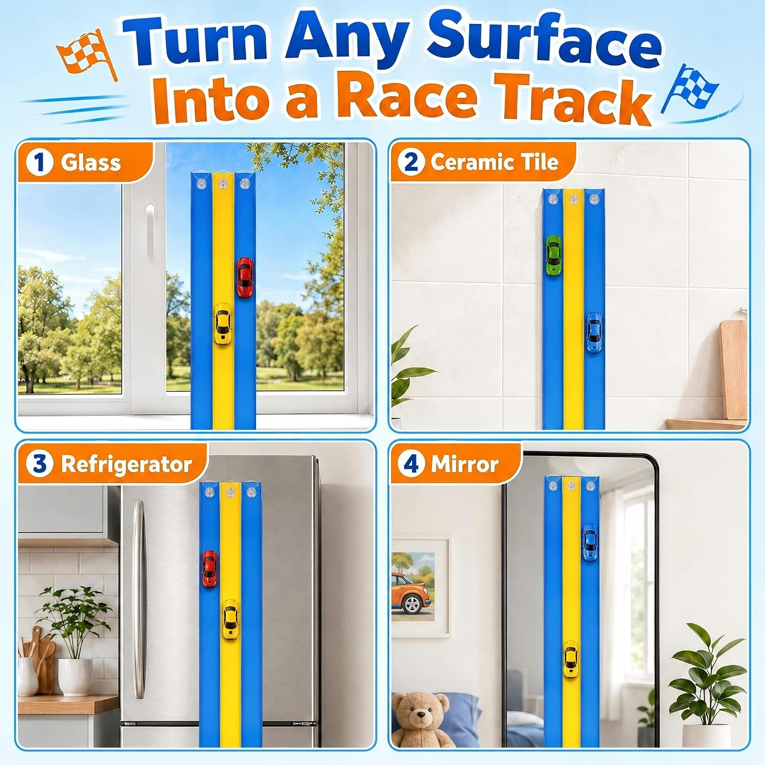 Upgrade 3 Flexible Tracks 15 Ft Flex Race Car Track for Kids-DIY Car Track Set with 1/64th Rebound Cars Portable Rolls Up Race Tracks with Strong Suction Cups-Great Gifts Toys for Boys Girls Ages 3+ thumbnail