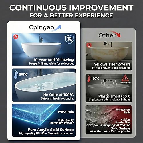 Miniatura 8 de Cpingao Bañera independiente de superficie sólida de 63", bañera de remojo moderna de forma ovalada, bañera independiente de resina de piedra con
