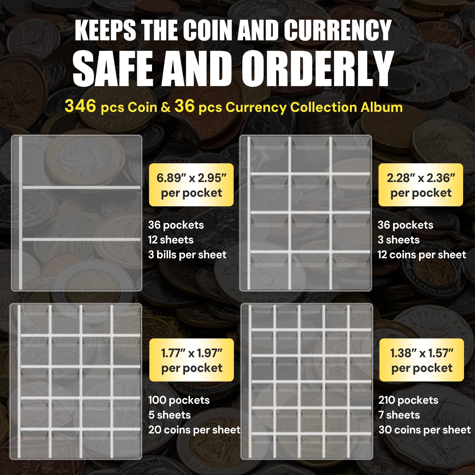 ROLOWAY Coin Collection Book 6400℉ Heat Insulated, 360 Pockets Fireproof Coin Book Holder and 36 Paper Currency Album with Aluminum Foil Layer, Money Saving Coin Collector Book with Lock (Black)