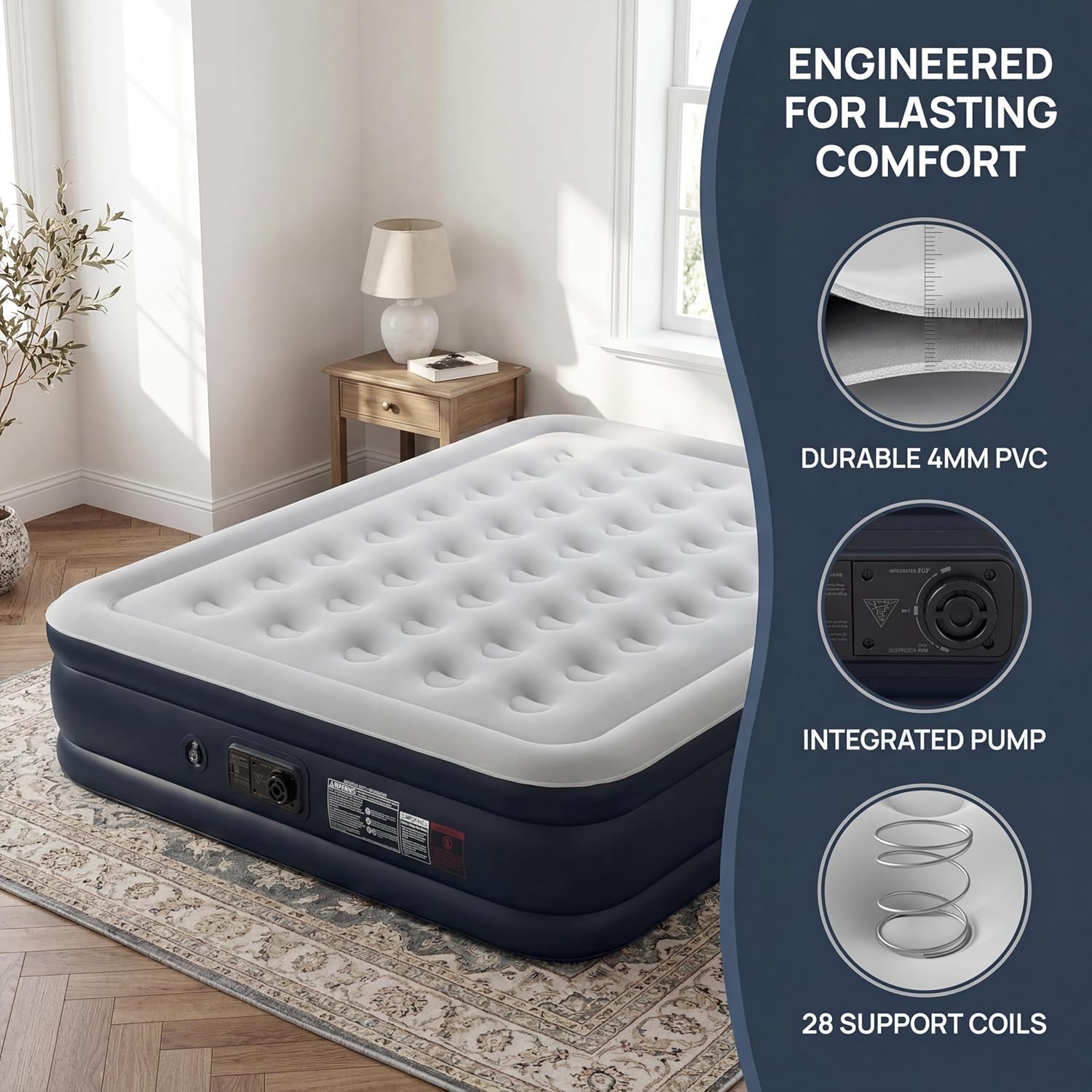 air Mattress Queen with Built in Pump 14 Inch Portable Inflatable Mattress Deluxe Flocking Inflatable Mattress for Temporary Guest Accommodation, Camping, and Home use,MAX is 660 pounds