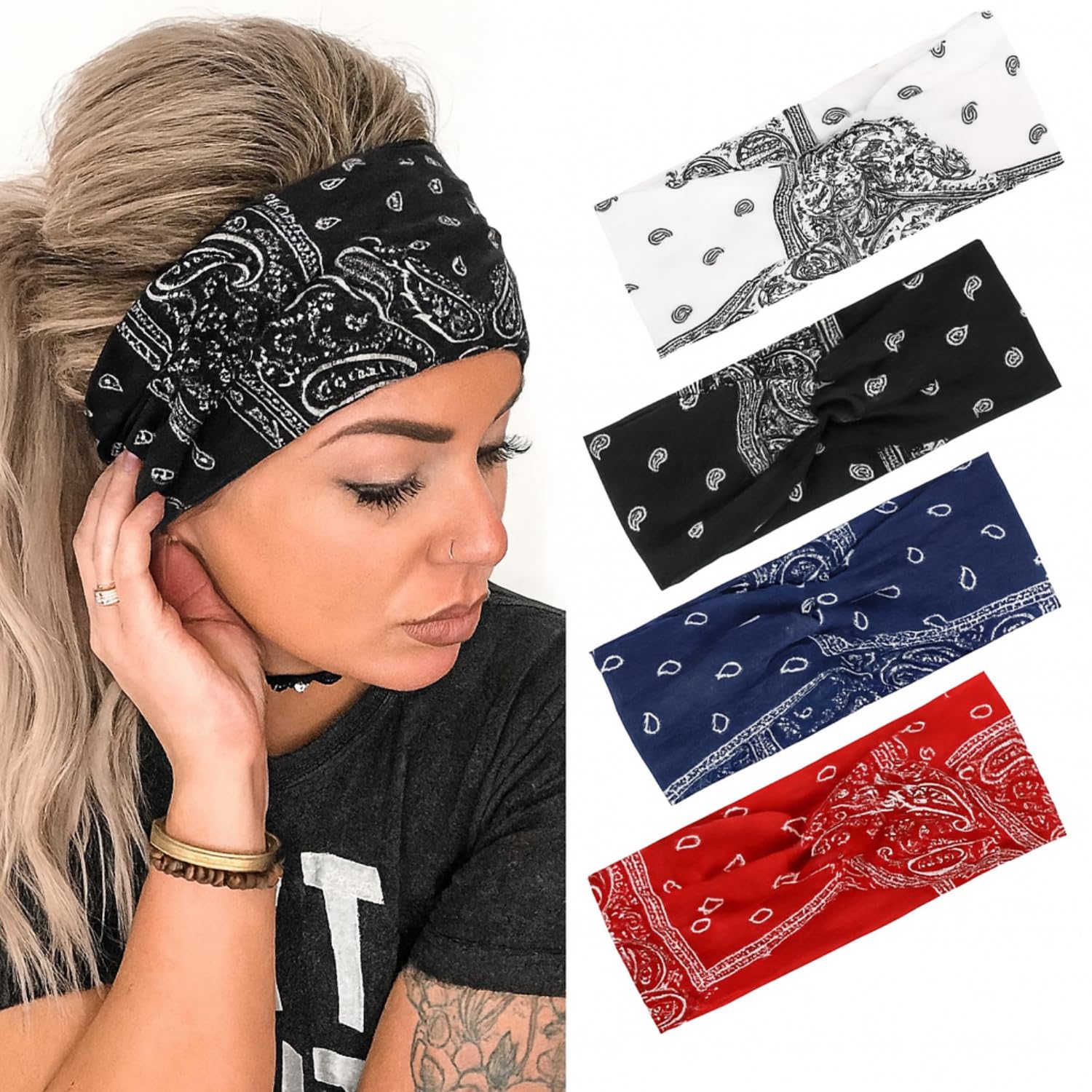 Flavizo 4 Pcs Wide Hairband - Stylish Headband for Women, Stretchy Head Band for Girls, Non Slip Bandana for Versatile, Hair Accessories for Sports Yoga Wear