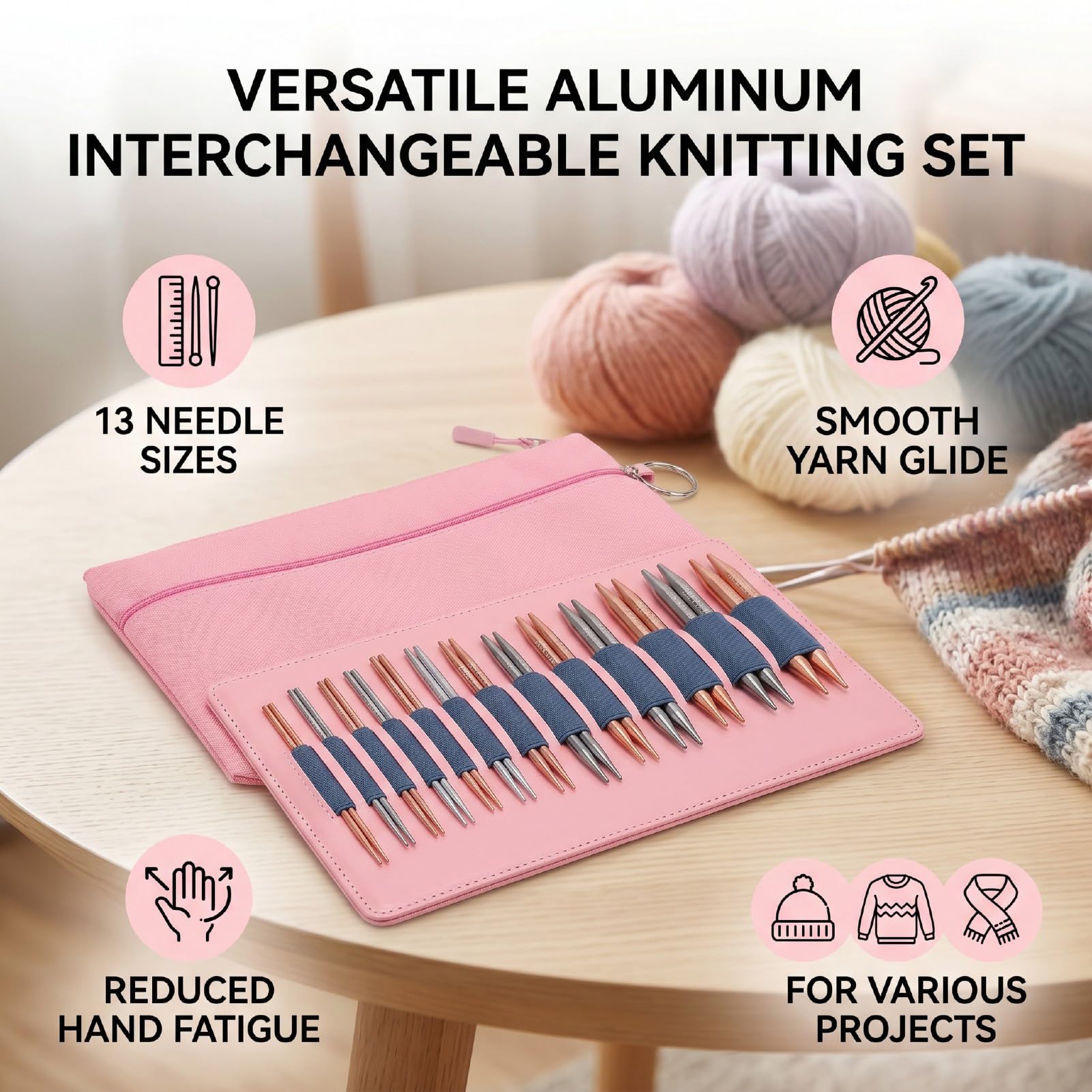 EMUKOEP Set Ferri Da Maglia Circolari, 13 Paia Aghi Intercambiabili In Alluminio Lunghi 10 Cm 3-10 Mm Con 4 Cavi, Per Maglioni Sciarpe Cappelli
