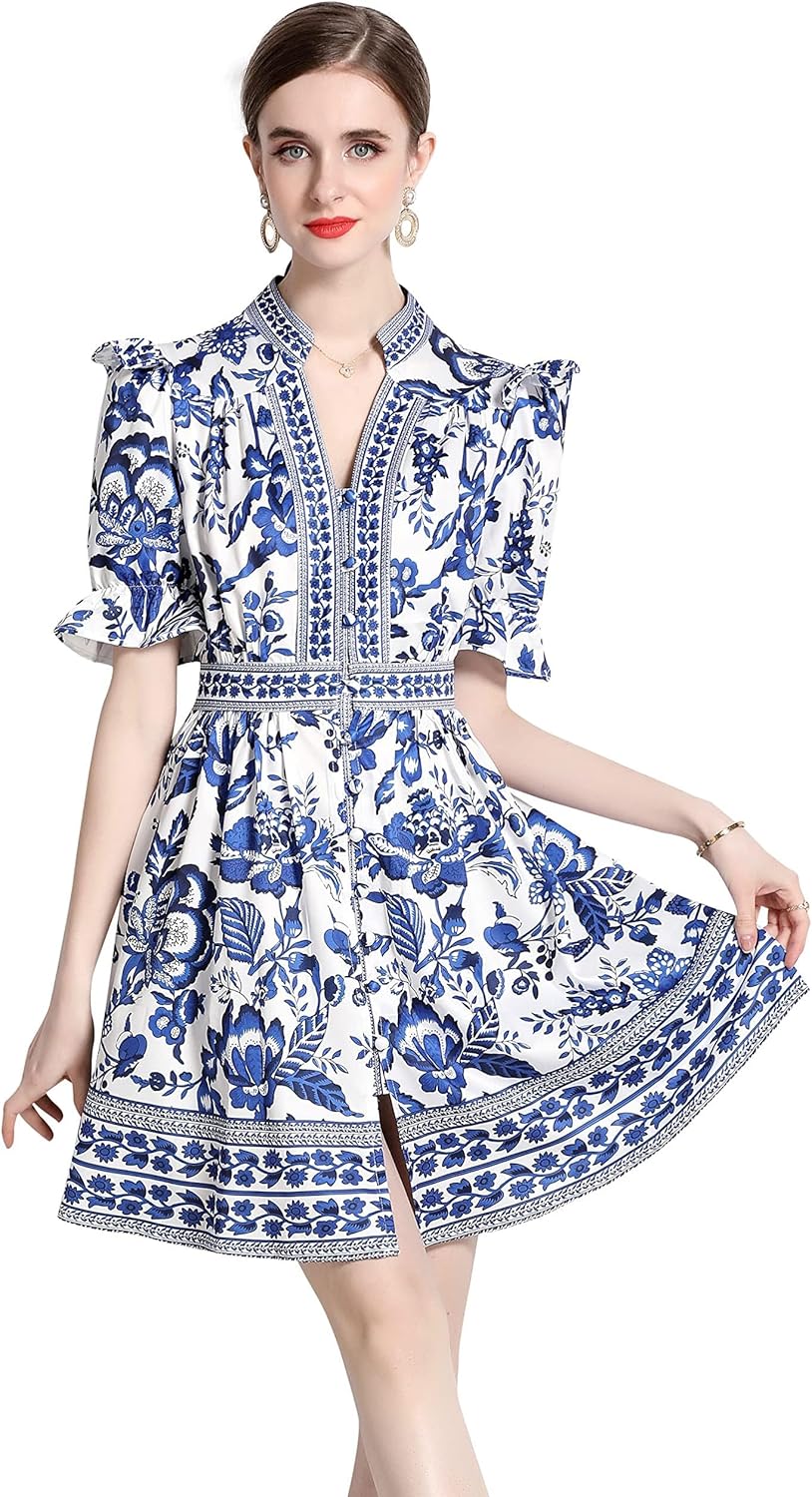 LAI MENG FIVE CATS Women's Button Up Short Puff Sleeve V-Neck Floral Print Split Casual Mini Dress - Image 2