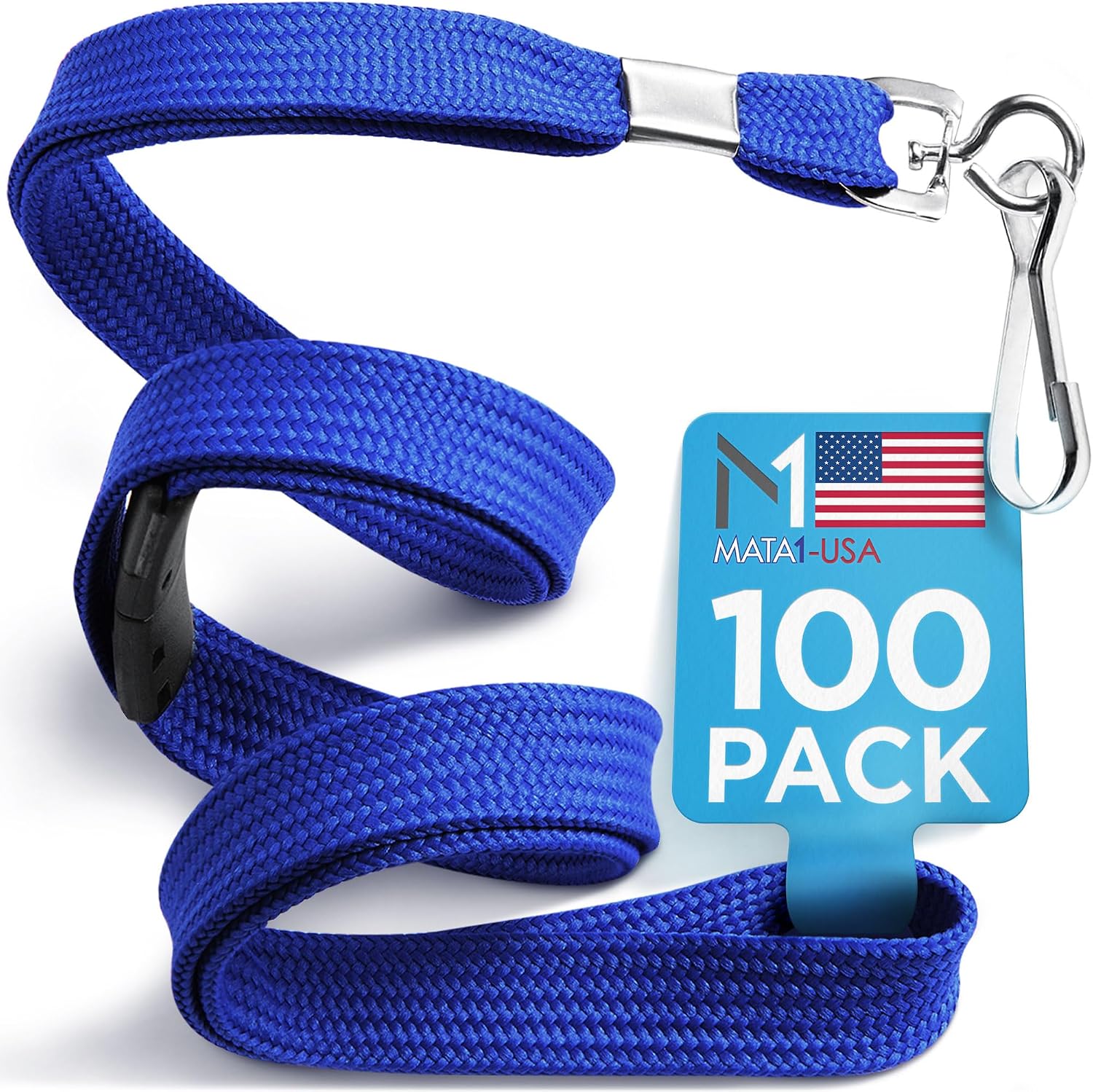 Mata1-USA Flat Safety Breakaway Lanyard, Detachable ID Lanyards (Blue, 36 Inch, 100 Pack, Polypropylene), Comfort Woven Lanyard for ID Badges