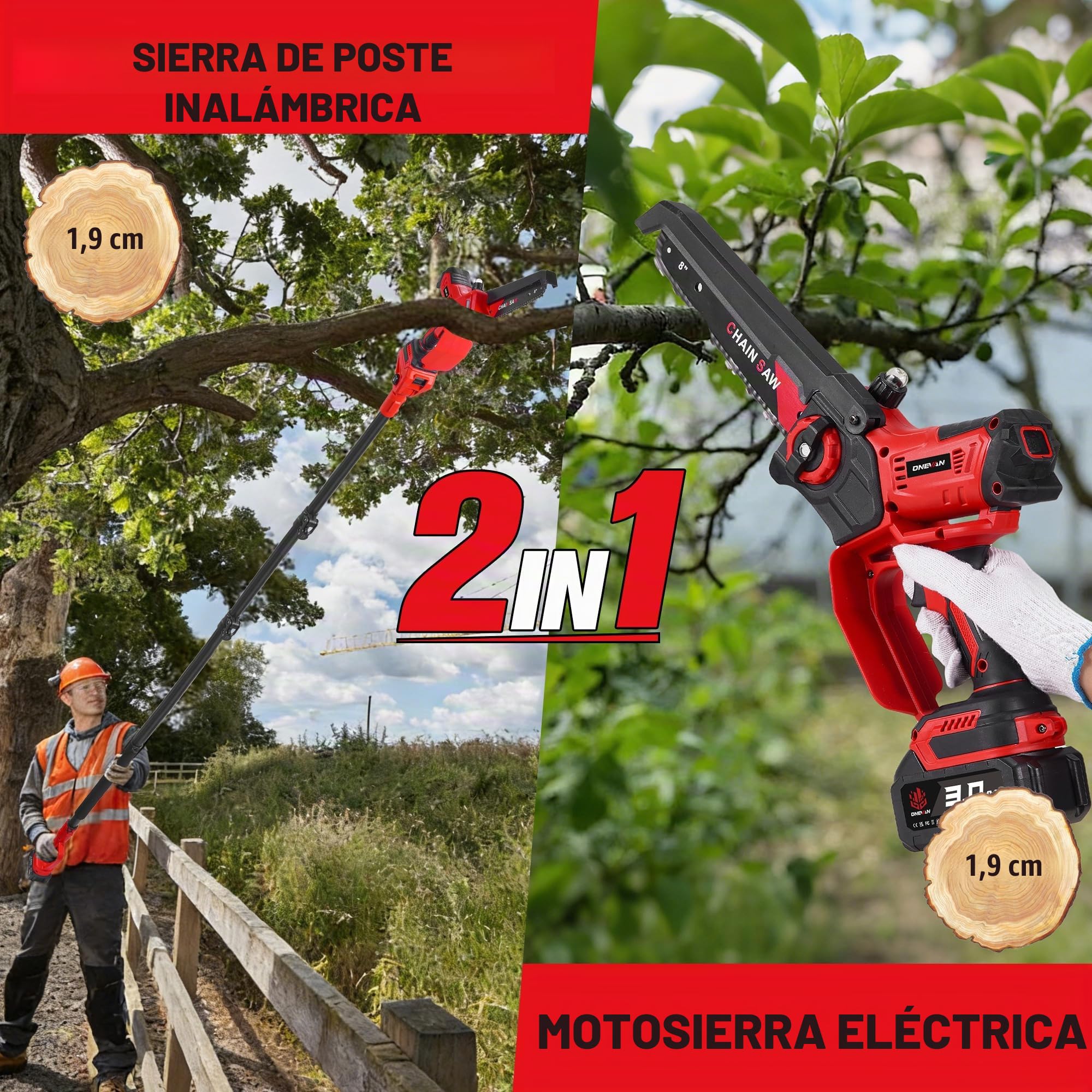 ONEVAN Motosierra Telescópica a Batería 4 en 1, Motor Brushless 700W, Podadora de Altura con Espada de 8" y 6", Pértiga Extensible 2,5m, Cabezal Giratorio 180°, 2 Baterías 3,0Ah, para Jardín y Poda