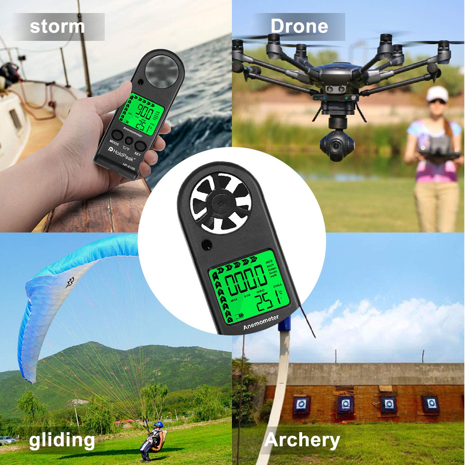 HOLDPEAK HP-816B Anemometer Handheld Wind Speed Meter Gauge Air Flow Velocity Measurement with Wind Chill Indication and Backlight for Windsurfing Kite Flying Shooting (Gift : Compass) : Patio, Lawn & Garden