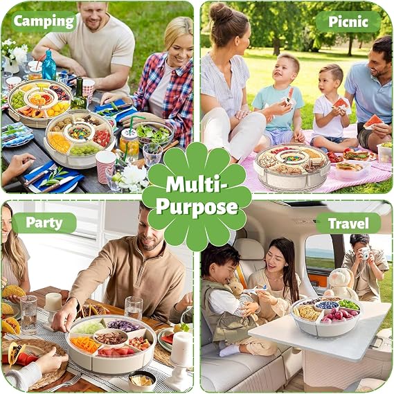 Round Snackle Box with Lid and Handle, Multi-Compartment Divided Snack Serving Tray, Dishwasher Safe Portable Airtight Food Container for Plane, Travel & Picnics, Party Organiser for Fruit, Sweets
