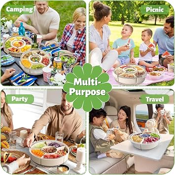 Round Snackle Box with Lid and Handle, Multi-Compartment Divided Snack Serving Tray, Dishwasher Safe Portable Airtight Food Container for Plane, Travel & Picnics, Party Organiser for Fruit, Sweets