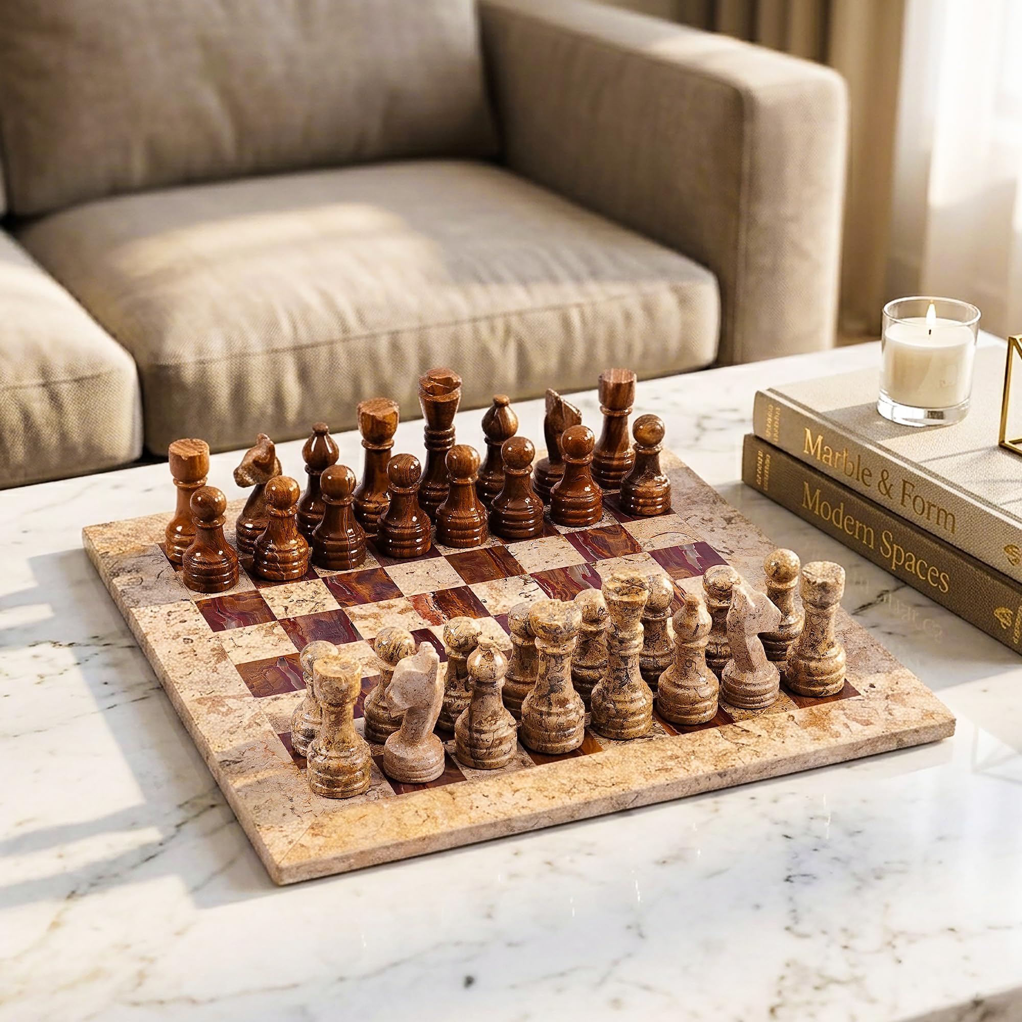 fjackets RADICALn 15 pollici corallo fossile e marmo marrone scuro ponderato fatto a mano Set di giochi da scacchiera più popolari - Set di scacchi per decorazioni per la casa in stile classico Staunt