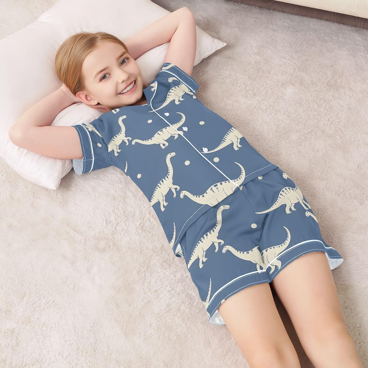 Kids Satin Wear Set Dinosaur Silhouettes on Blue Pattern Relaxed Fit Clothing Short Sleeve and Shorts