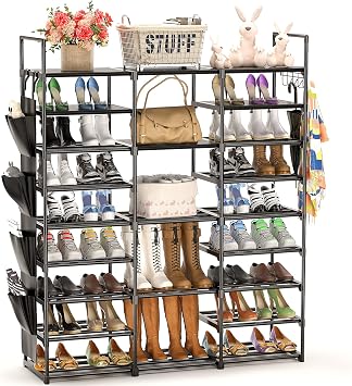 W&H 9 Tier Metal Shoe Rack Storage Can Store 50 Pairs of Shoes | Adjustable Shoe Rack Vertical for Cloakroom, Storage Room, Entrance, Easy to Assemble Large Black Shoe Rack Tall