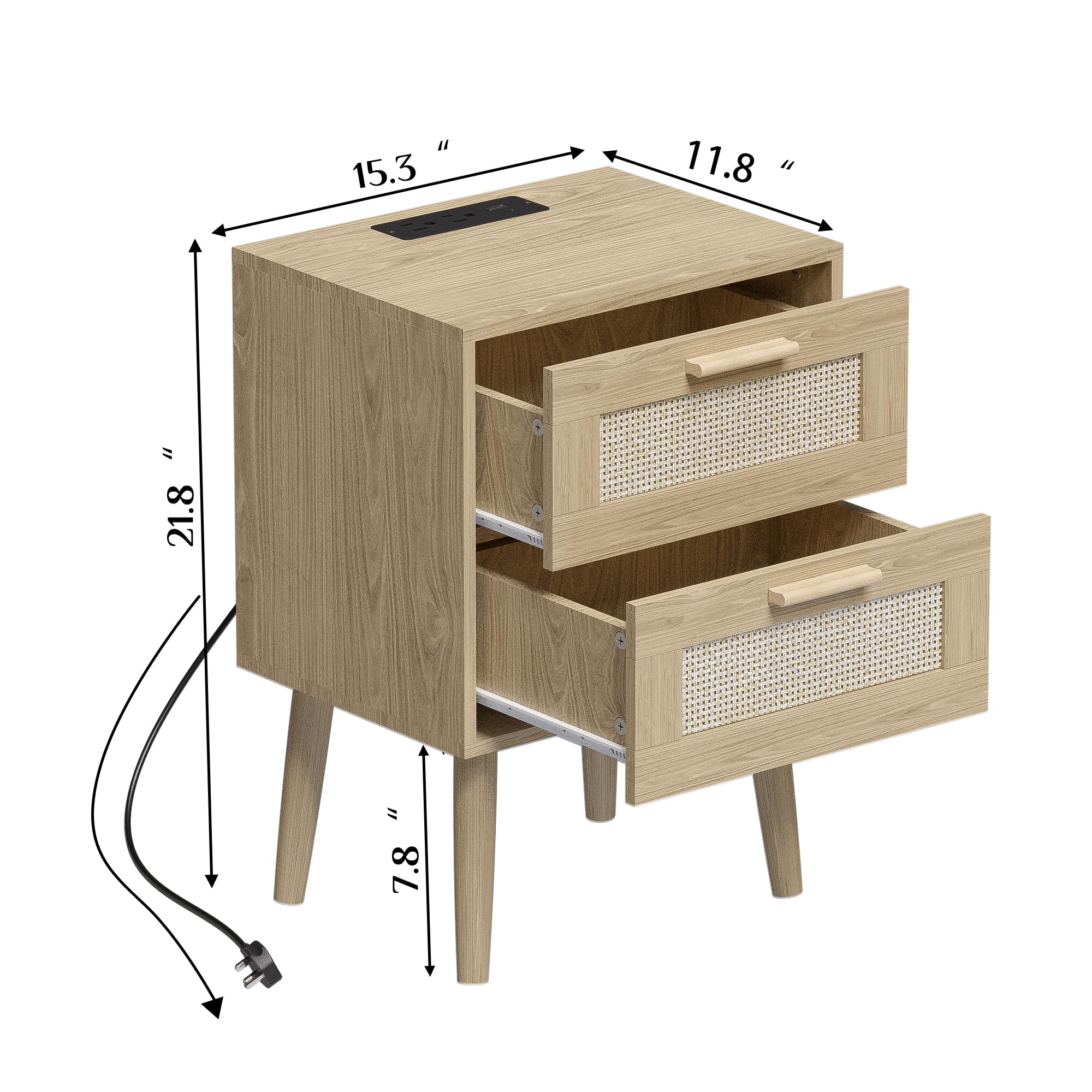 Comodino con stazione di ricarica, comodino in rattan con gambe in legno massello, comodino con porte USB e prese USB, tavolino da letto, tavolino per camera da letto, soggiorno