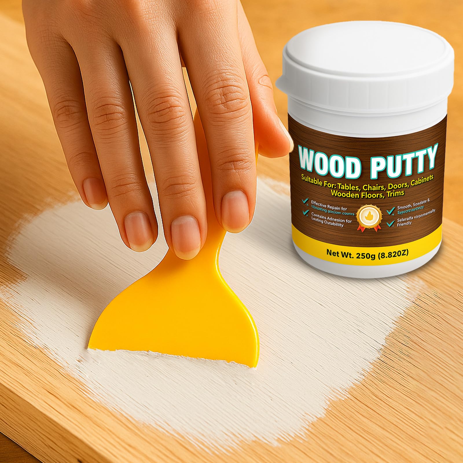 Stucco per Legno Riempitivo, Kit Universale Stucco Legno Bianco per Mobili e Pavimenti, Formula Rapida, Carteggiabile e Verniciabile per Riparare Crepe, Buchi e Difetti su Legno (250g)