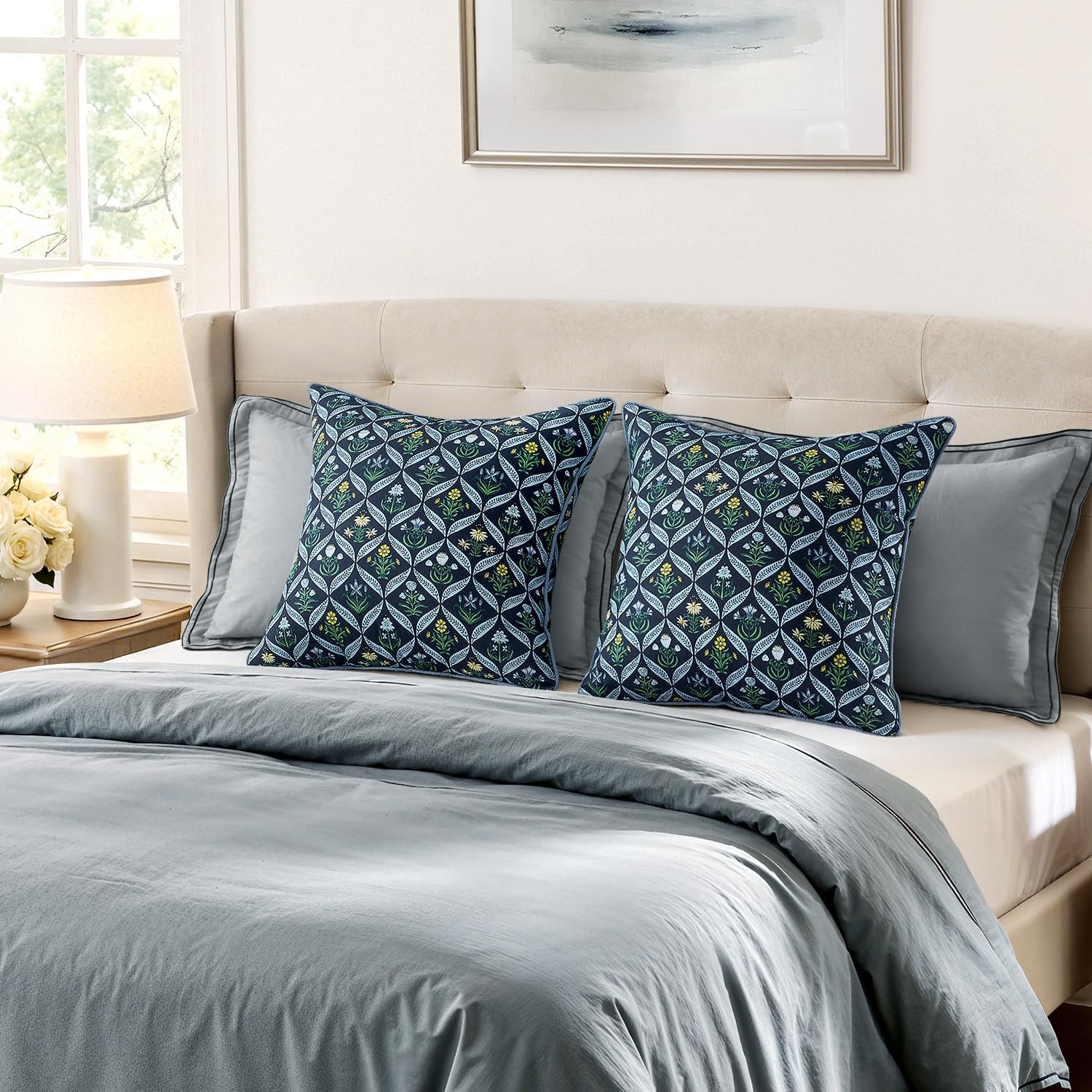 MIULEE Floral Throw Pillow Covers 18x18 Set of 2 Dark Blue Spring Decorative Block Print Cotton Cushion Covers for Couch Living Room, Boho Modern Outdoor Sofa Vintage Garden Pillowcases Home Decor